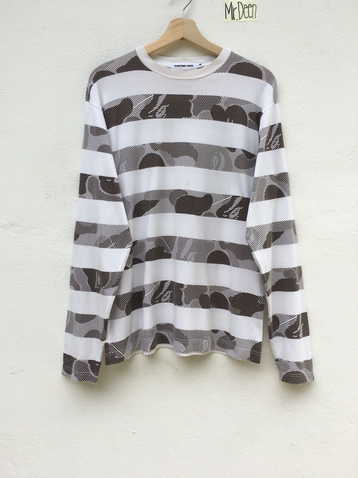image of Bape Long Sleeve Brown White Stripes Camo Shirt, Men's (Size Medium)