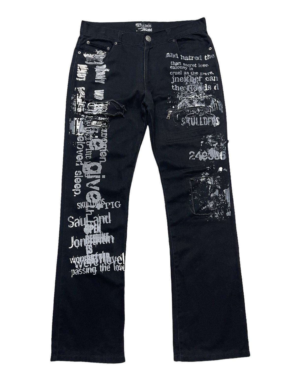 image of Avant Garde Black Skulldeos Bones Printed Flare Denim, Men's (Size 33)