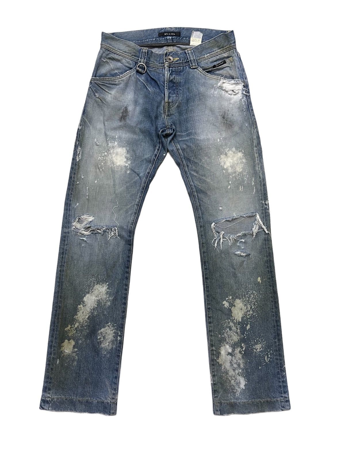 image of Avant Garde x Distressed Denim Thrashed Distressed Paint Splatted Denim in Blue Denim (Size 33)