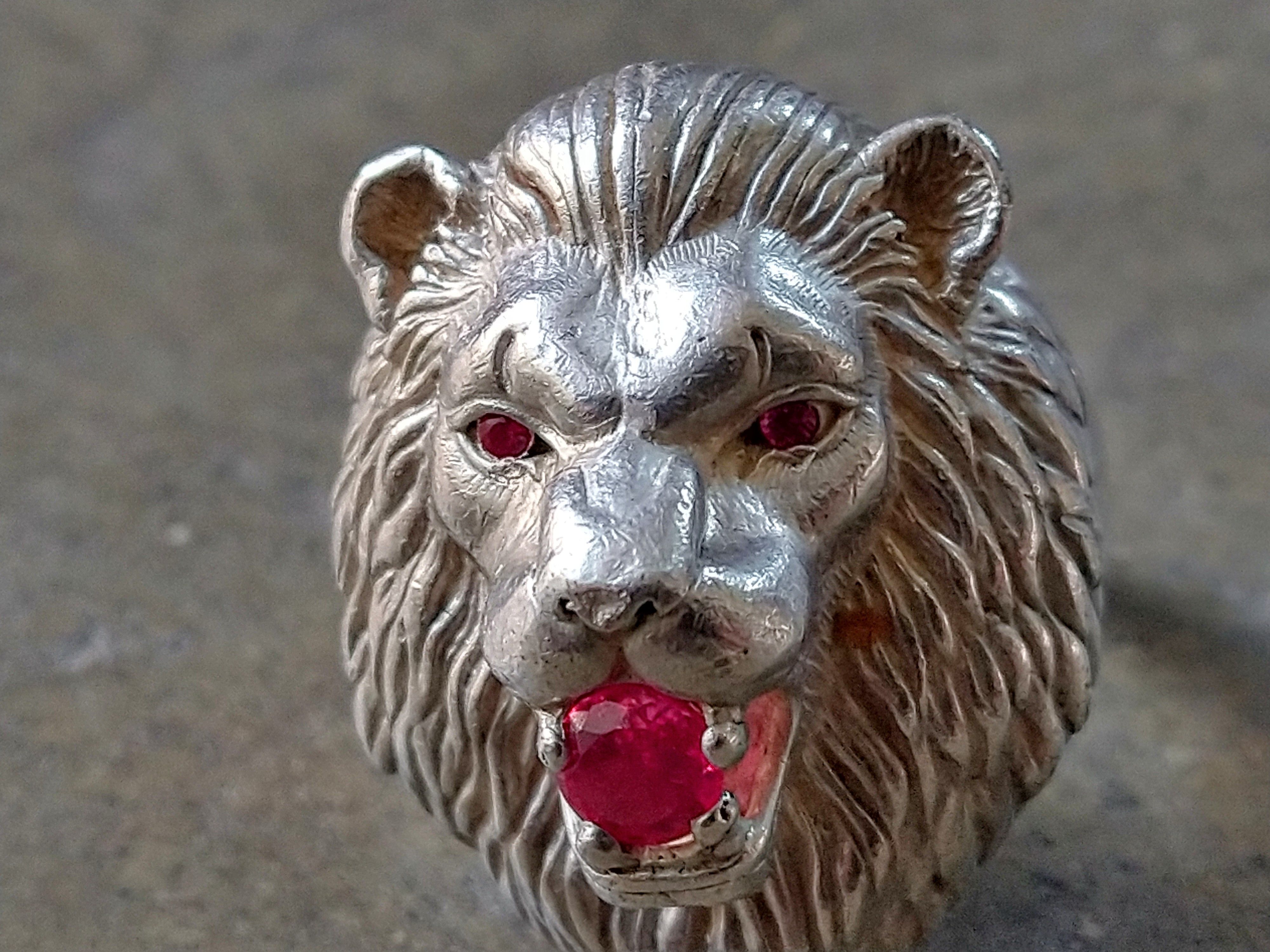 Jewelry Sterling Silver Ring Lion Pink Lab Ruby Size 9.75 Biker Size ONE SIZE - 5 Thumbnail