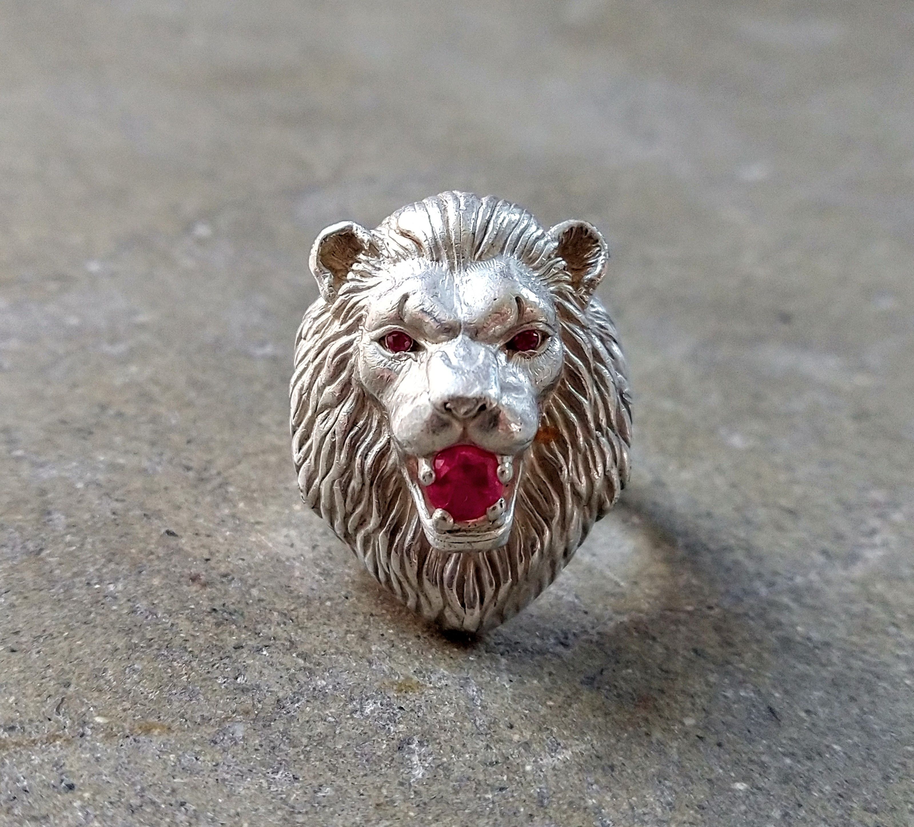 Jewelry Sterling Silver Ring Lion Pink Lab Ruby Size 9.75 Biker Size ONE SIZE - 3 Thumbnail