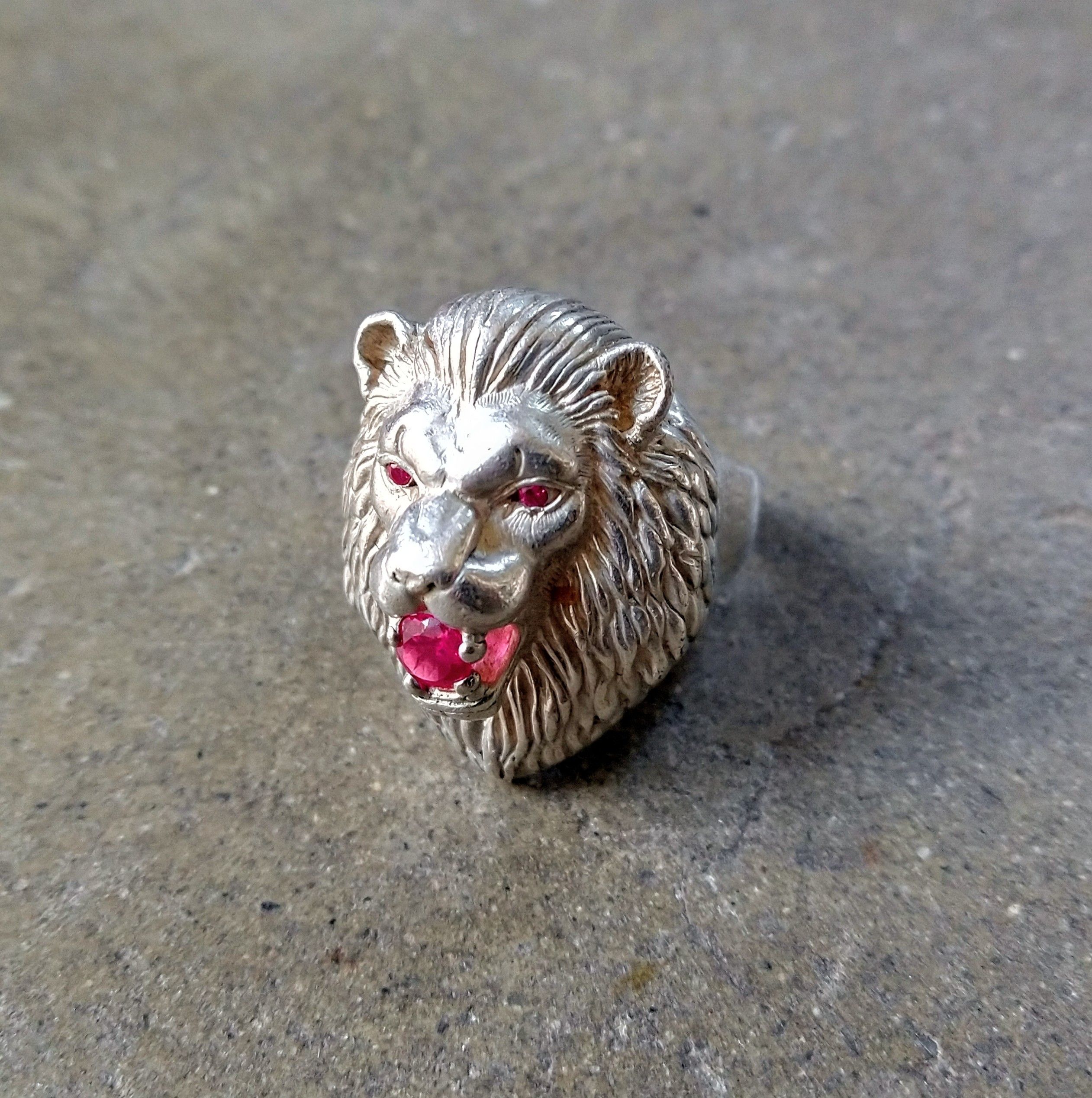 Jewelry Sterling Silver Ring Lion Pink Lab Ruby Size 9.75 Biker Size ONE SIZE - 1 Thumbnail