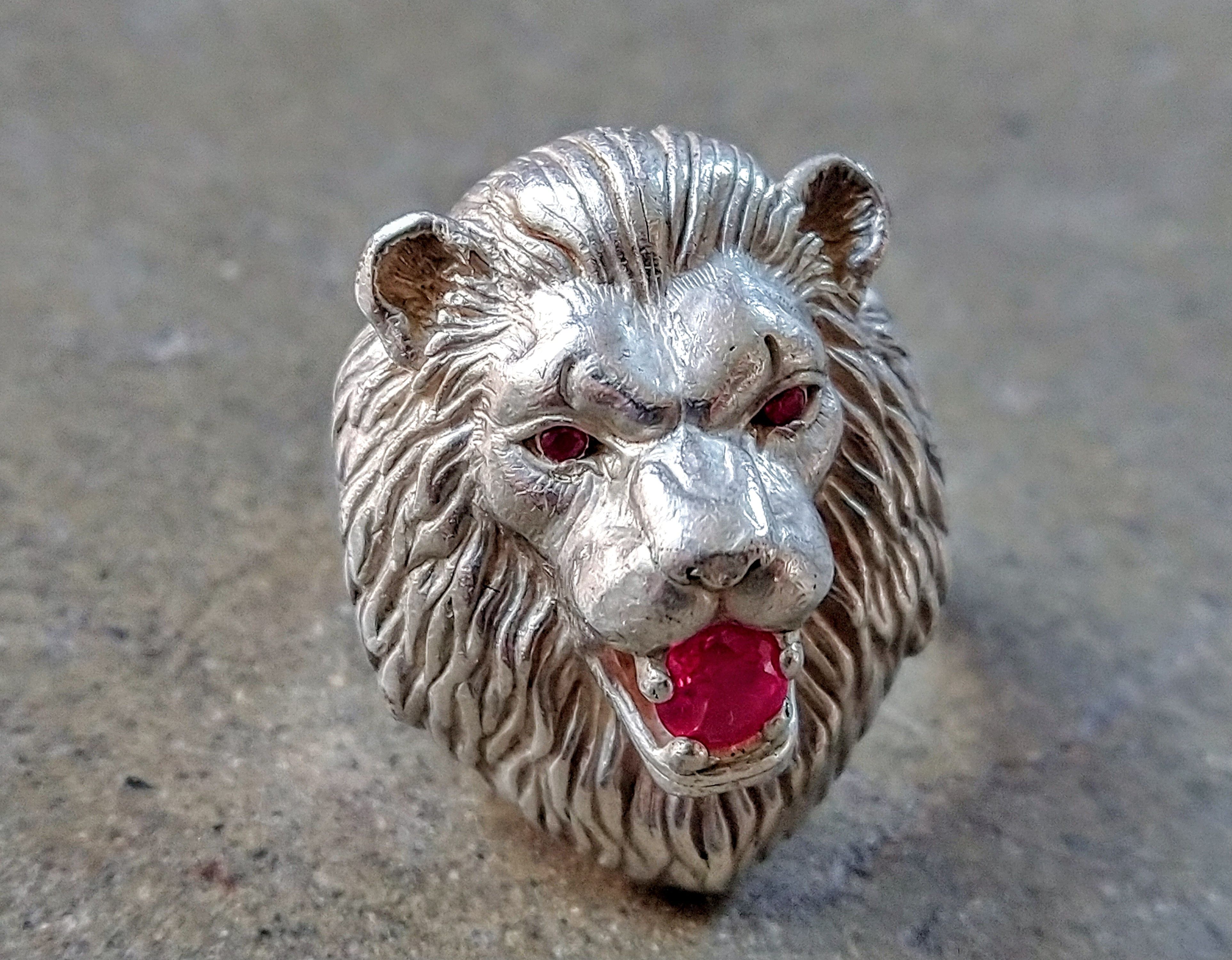 Jewelry Sterling Silver Ring Lion Pink Lab Ruby Size 9.75 Biker Size ONE SIZE - 4 Thumbnail