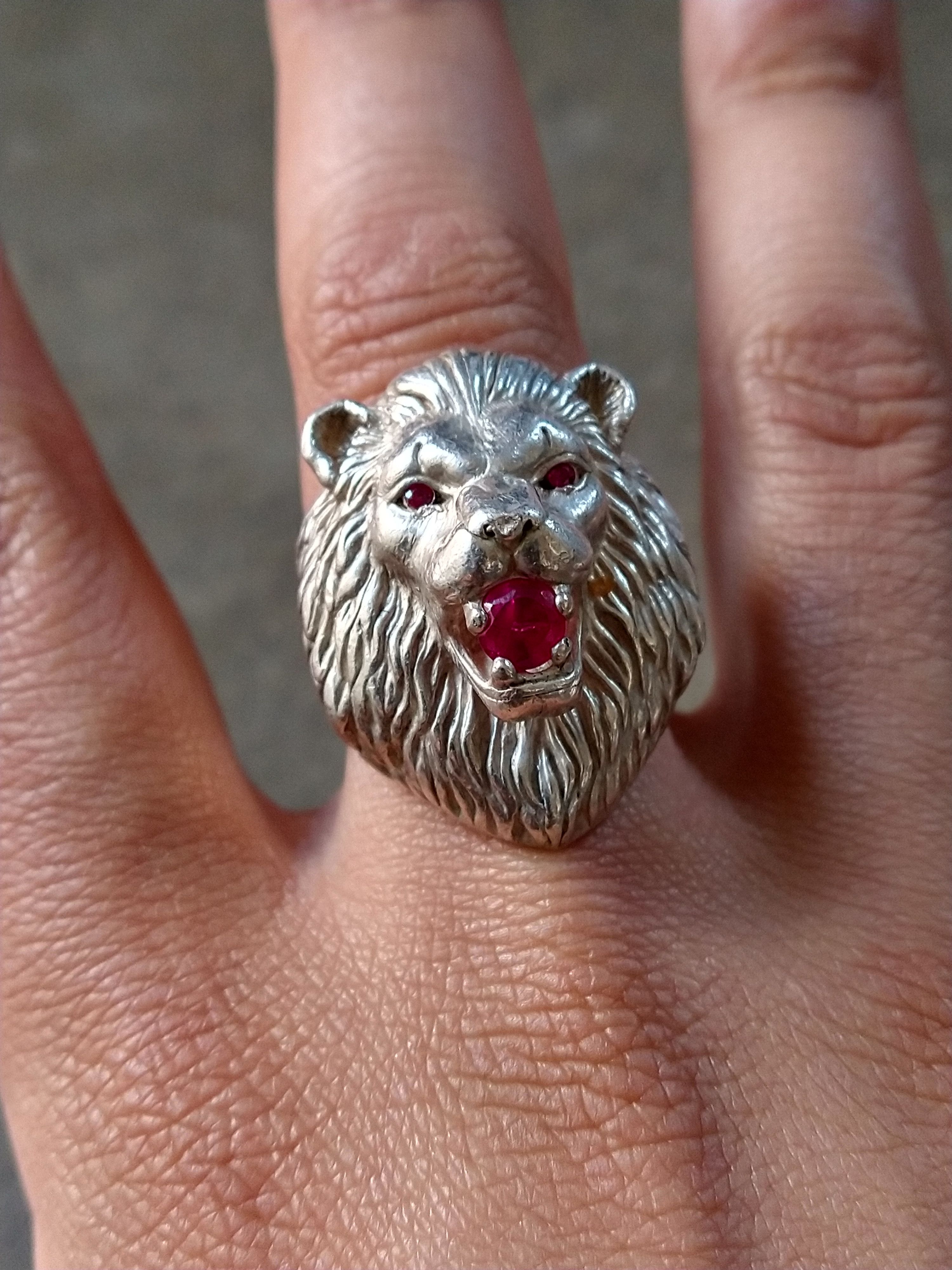 Jewelry Sterling Silver Ring Lion Pink Lab Ruby Size 9.75 Biker Size ONE SIZE - 16 Thumbnail