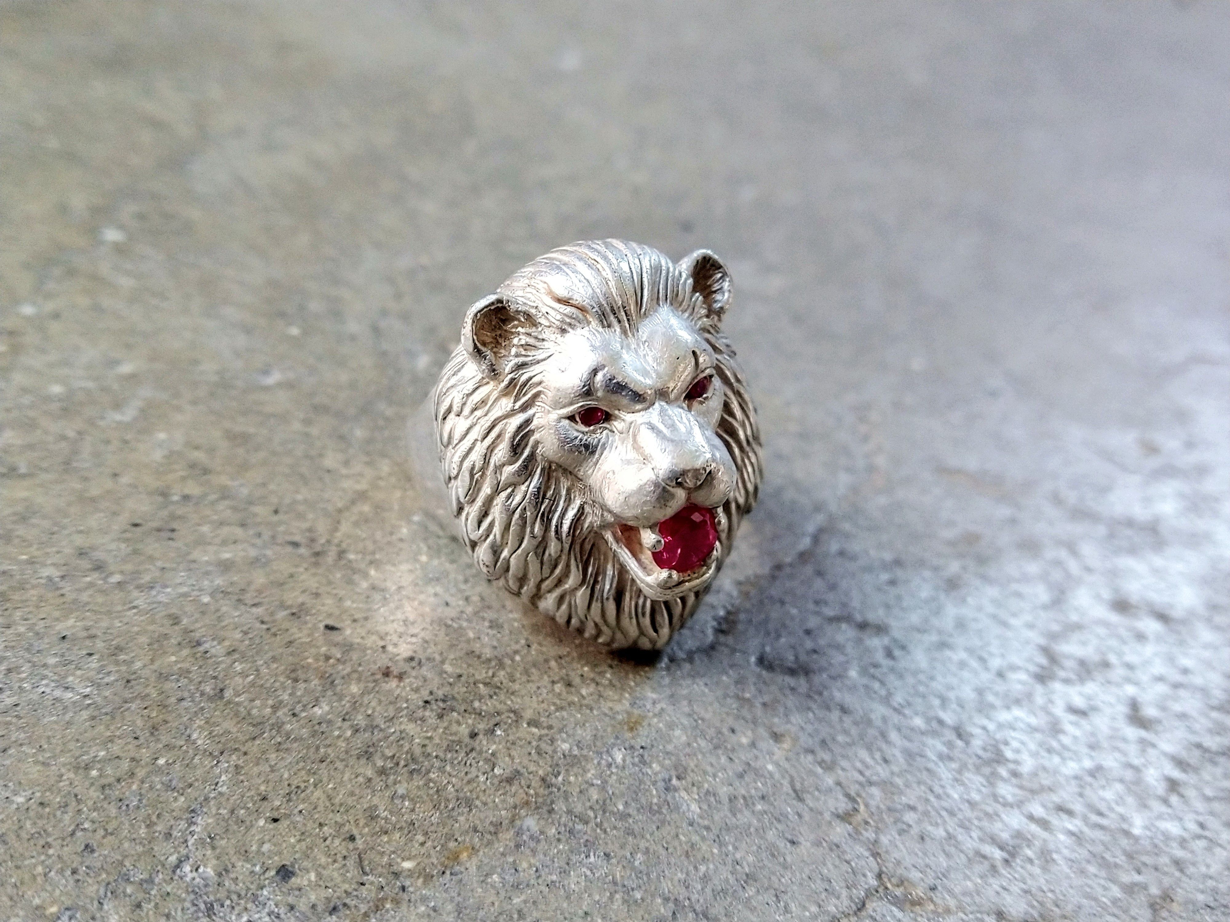 Jewelry Sterling Silver Ring Lion Pink Lab Ruby Size 9.75 Biker Size ONE SIZE - 2 Thumbnail