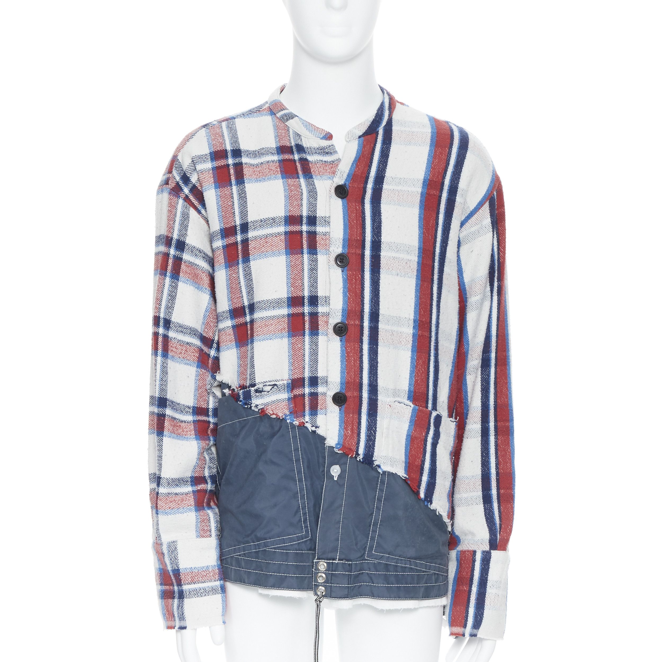 image of New Greg Laurent 50/50 White Plaid Navy Birdwell Studio Shirt Deconstructed Top S, Women's (Size Sm