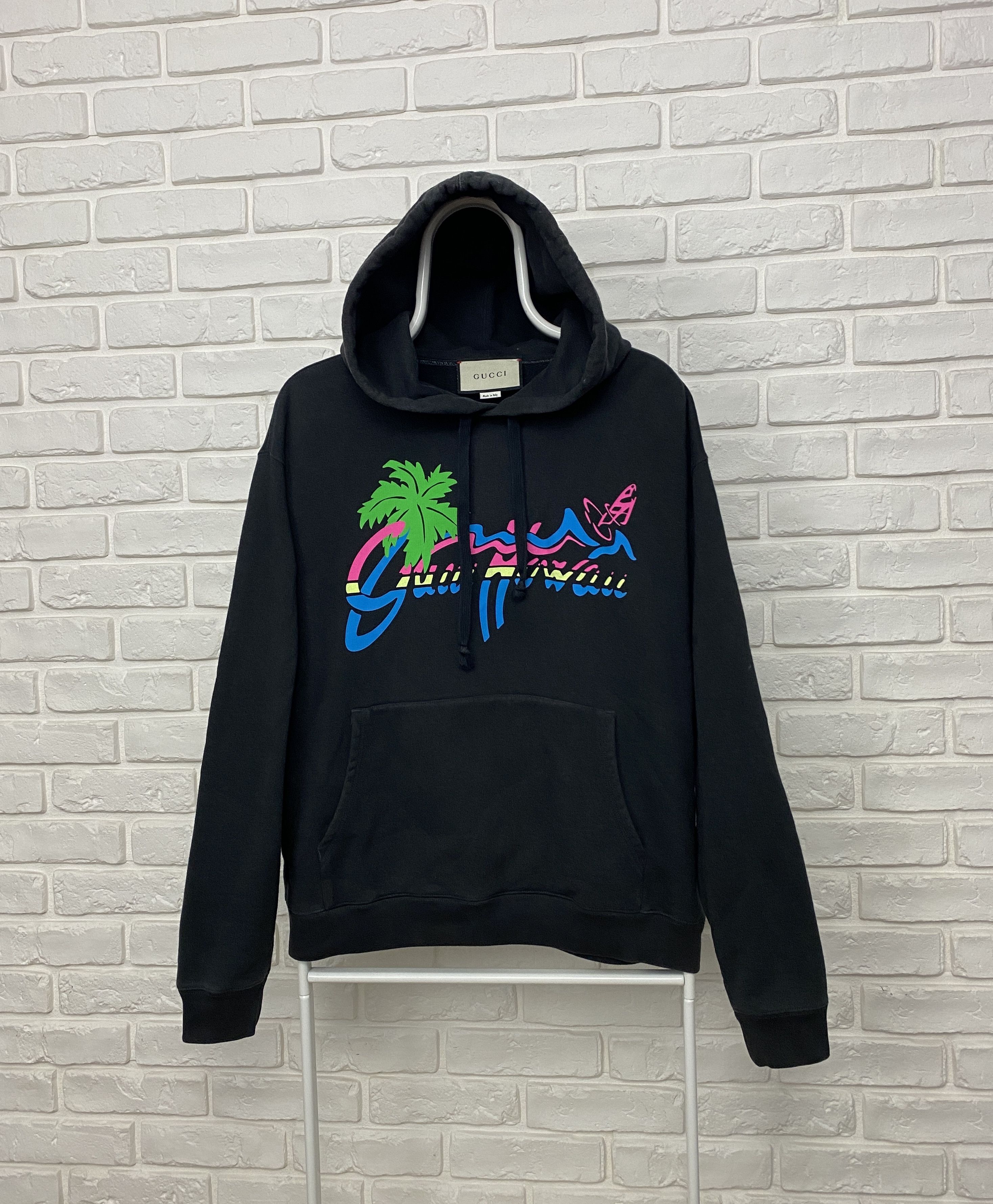 image of Gucci Hawaii Cotton Hoodie Graphic Print Logo Black Size S, Men's