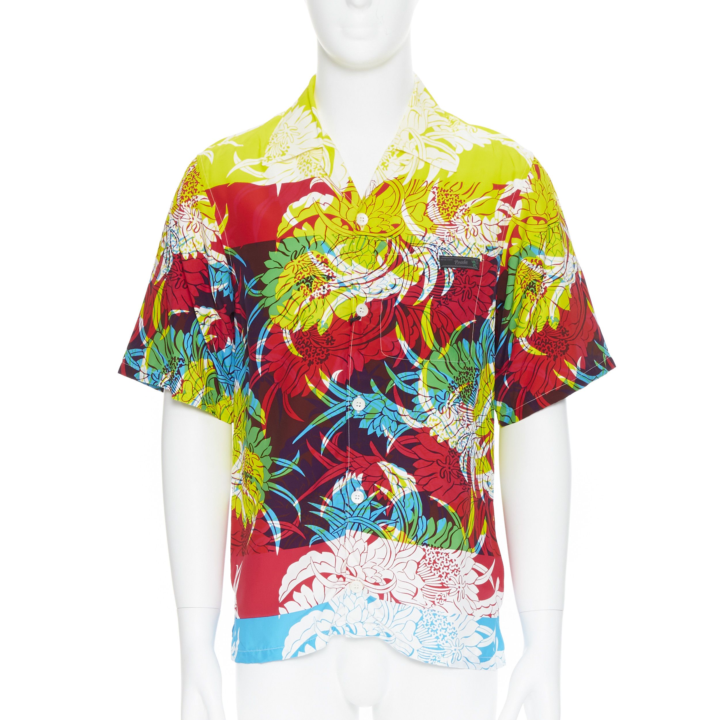 image of New Prada 2018 Psychedelic Hibiscus Yellow Floral Print Hawaiian Bowling Shirt S, Men's (Size Small