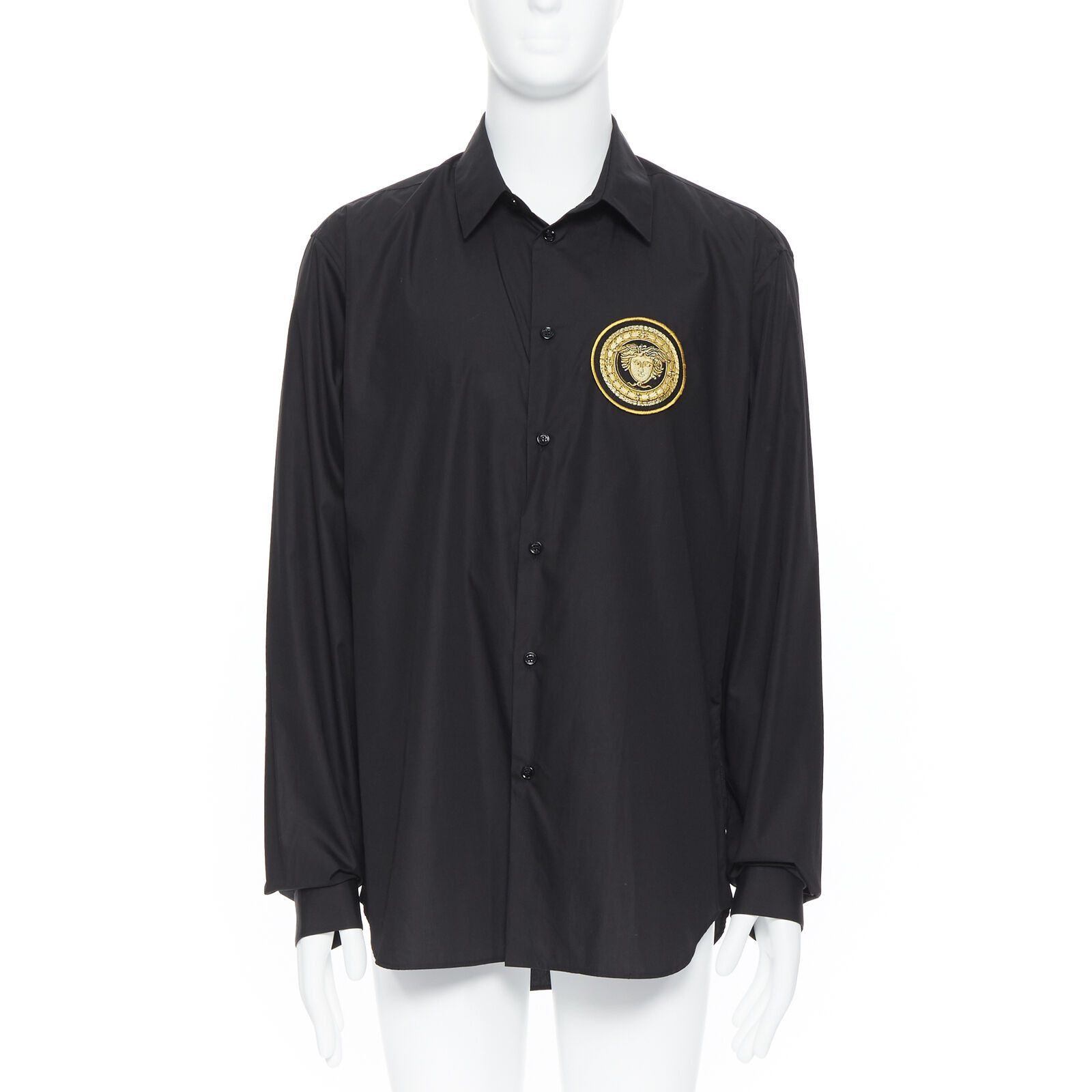 Image of Versace 2019 Black Cotton Gold Long Sleeve Shirt Eu44 X , Men's (Size 2XL)