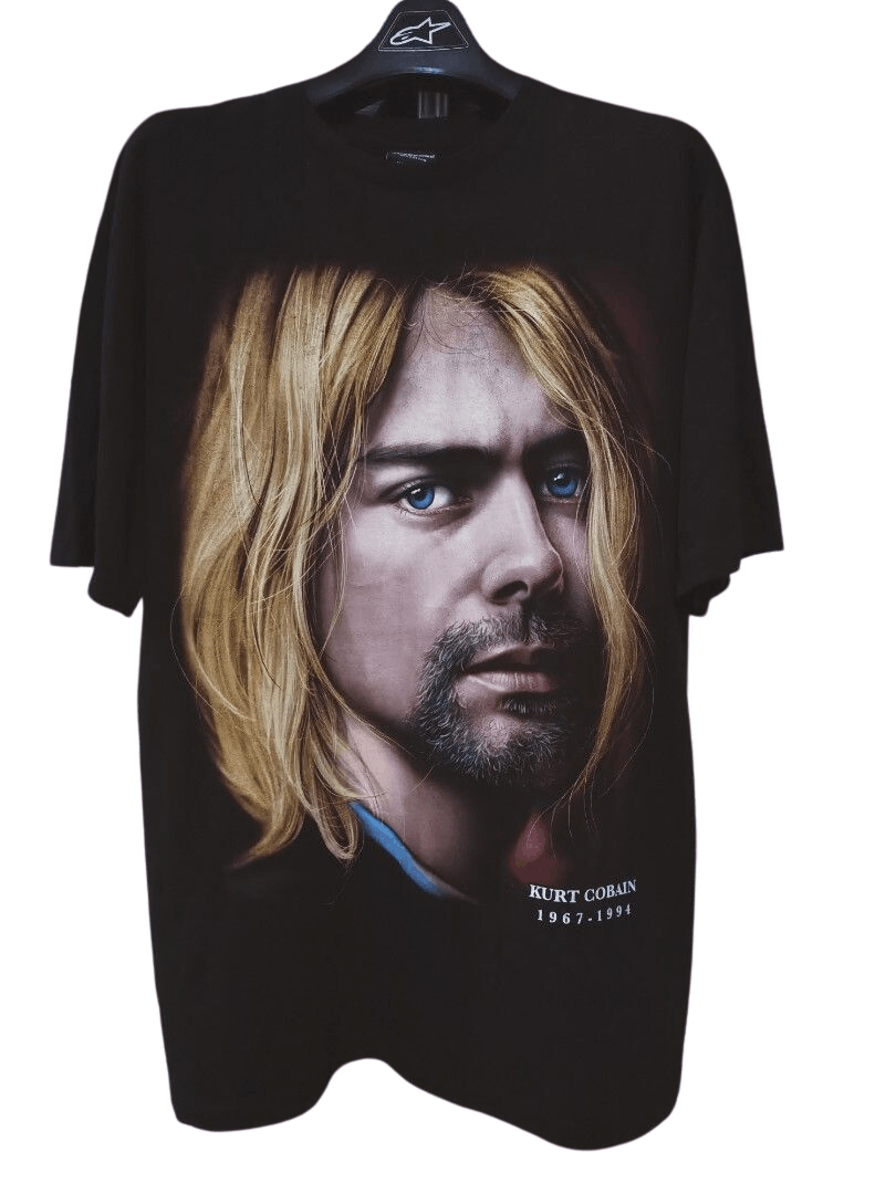 image of Band Tees x Rock T Shirt Vintage Bighead Kurt Cobain Nirvana Memorial Shirt Bootleg in Black (Size 