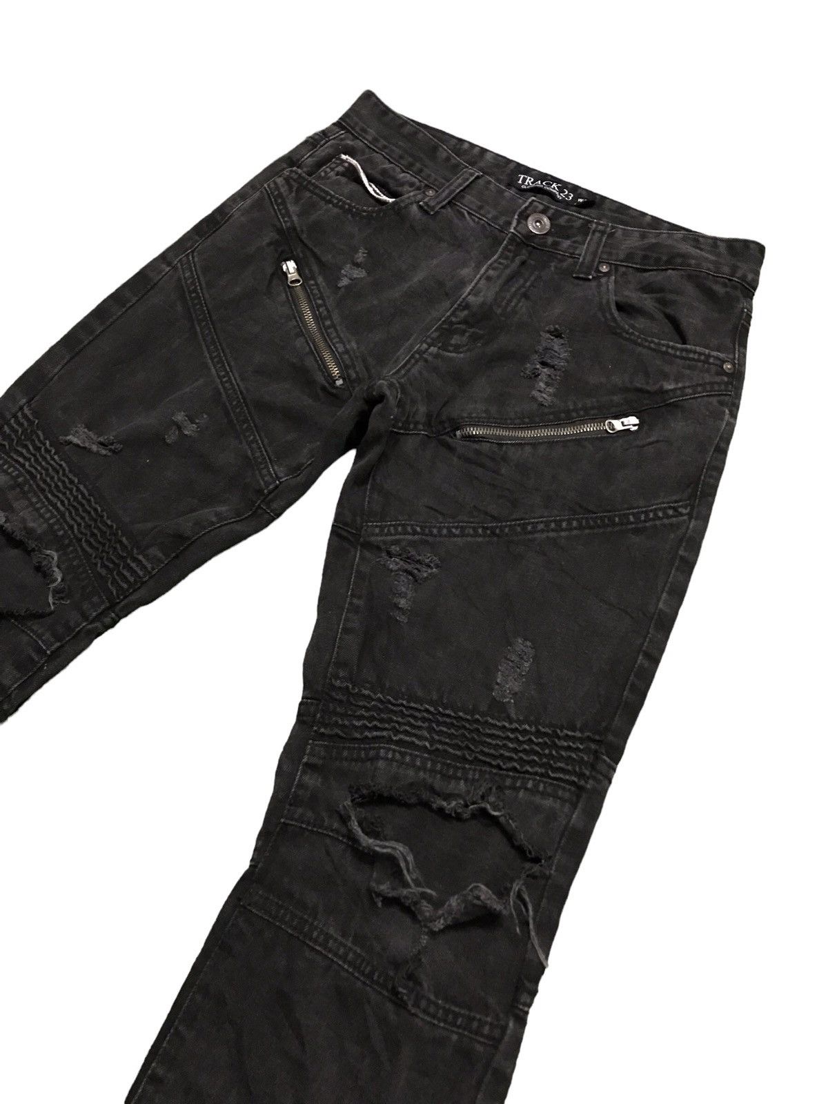 Japanese Brand Vintage Track 23 Super Black Biker Denim Distressed Jeans Size US 30 / EU 46 - 3 Thumbnail
