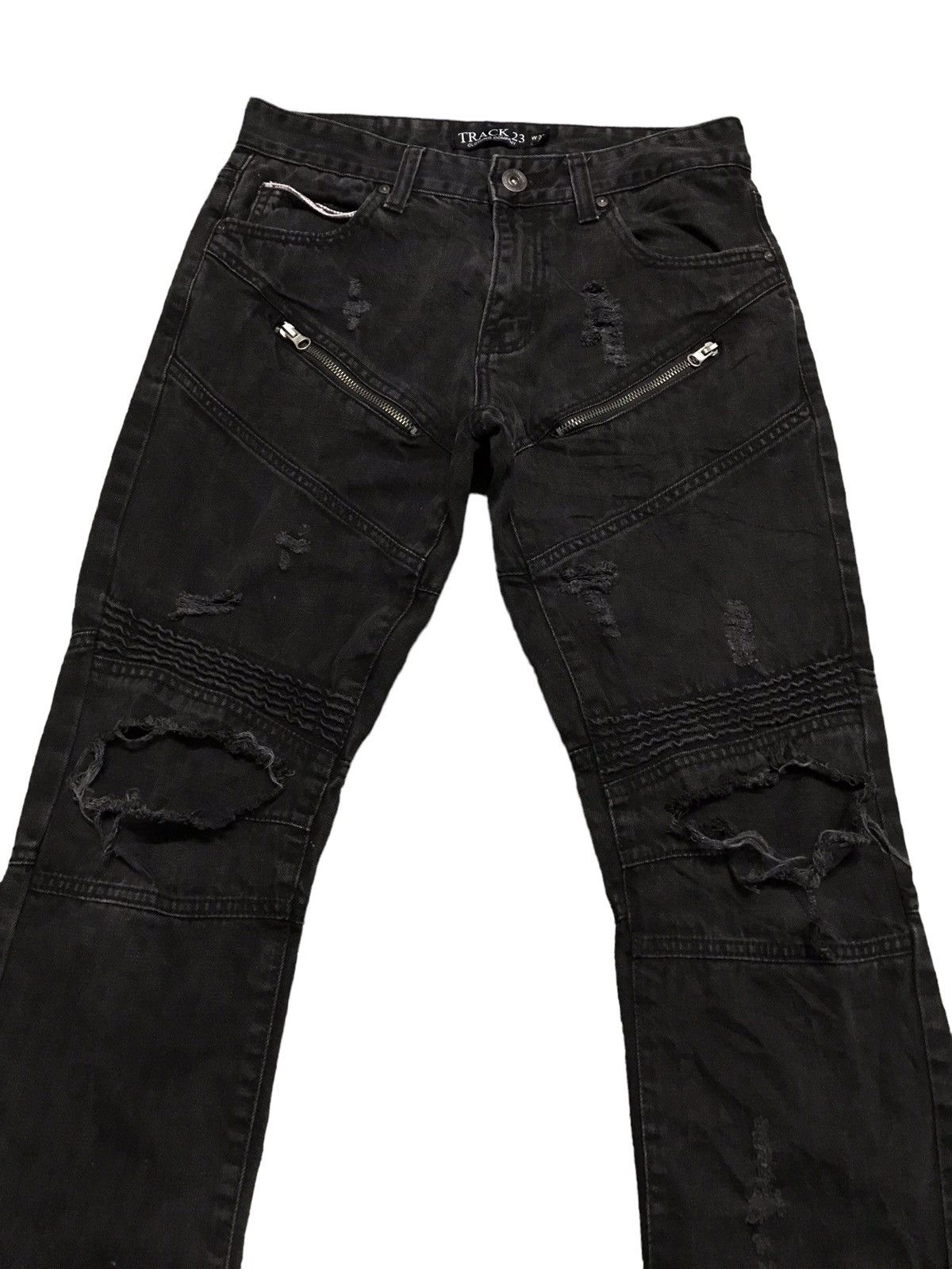 Japanese Brand Vintage Track 23 Super Black Biker Denim Distressed Jeans Size US 30 / EU 46 - 2 Thumbnail