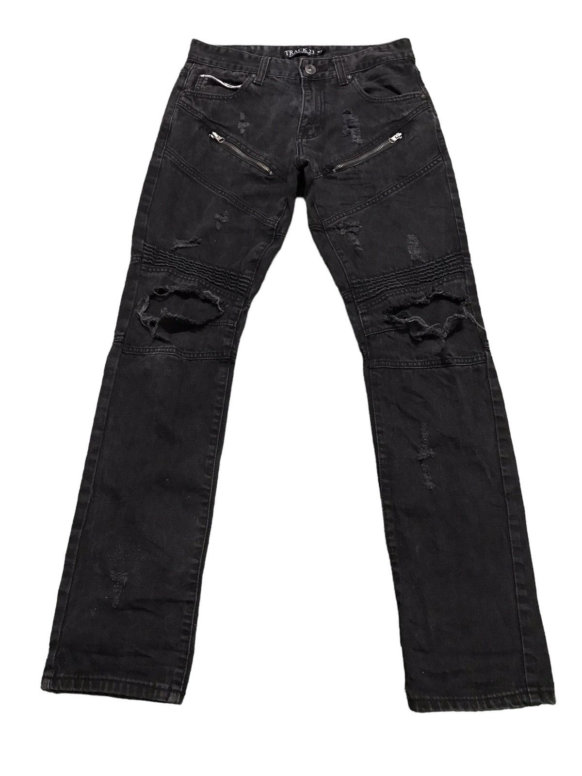 Japanese Brand Vintage Track 23 Super Black Biker Denim Distressed Jeans Size US 30 / EU 46 - 1 Thumbnail