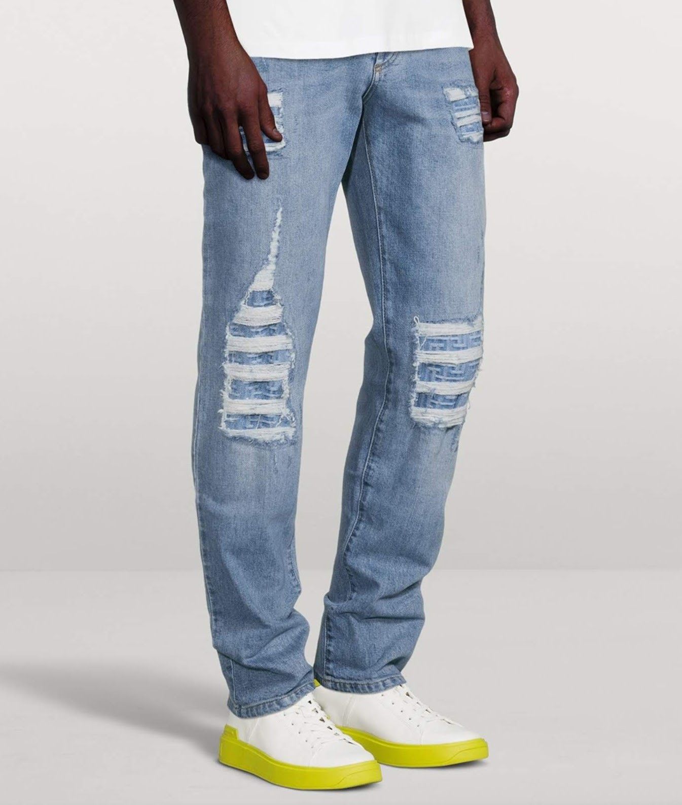 Image of Balmain Slim Fit Ripped Jeans With Monogram Pattern in Denim Blue, Men's (Size 34)