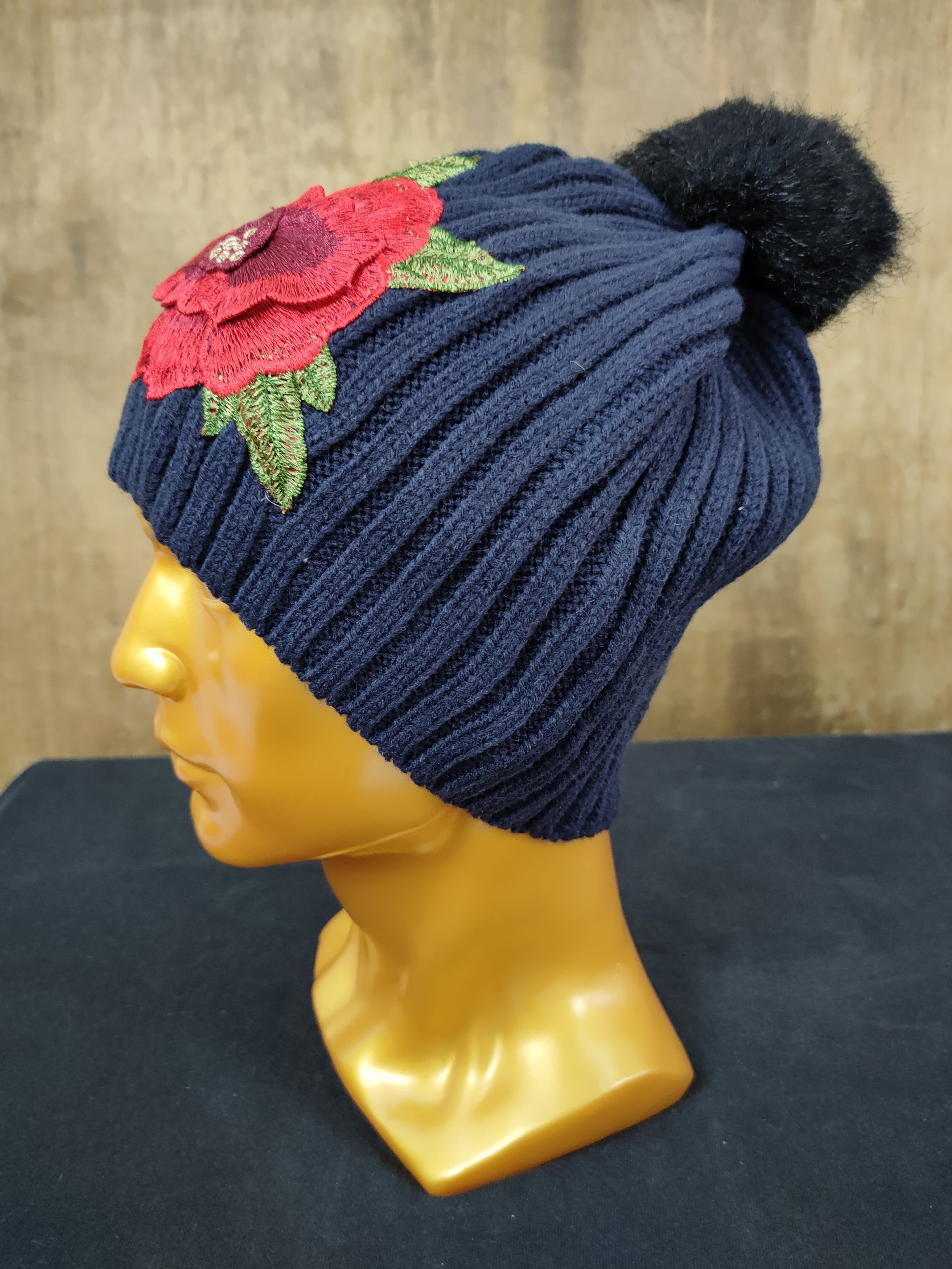 Laura Ashley art big flower embroidered beanie snowcap #002