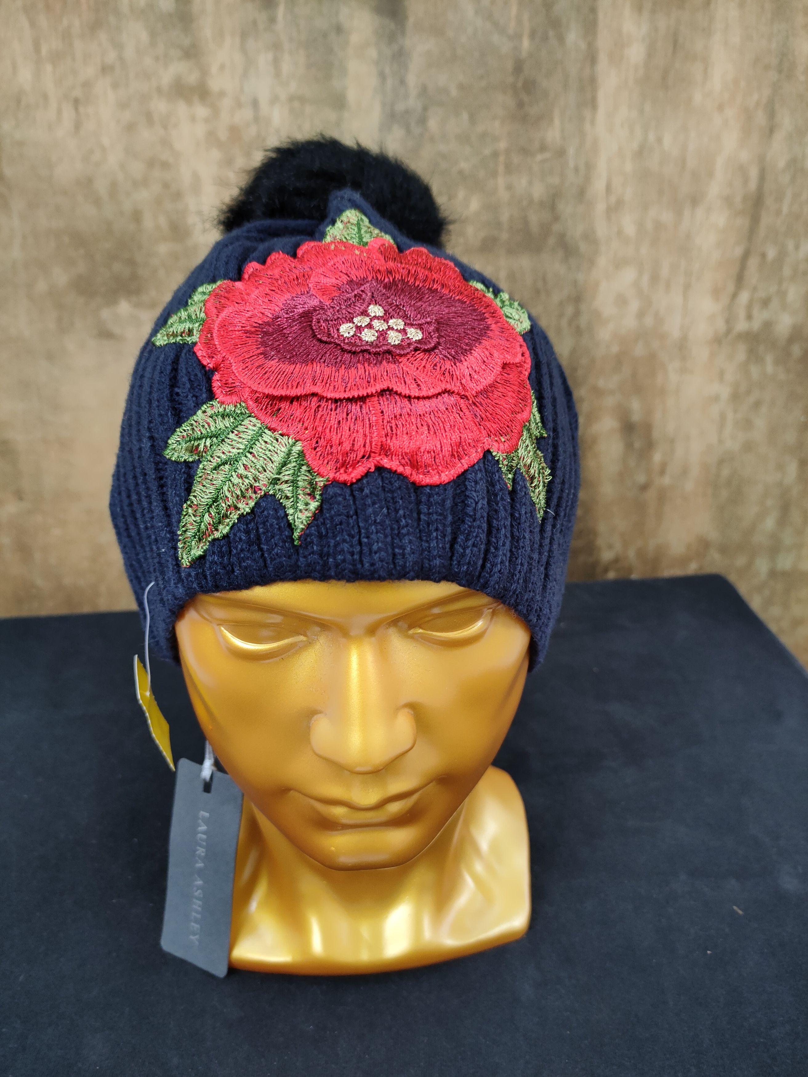 Laura Ashley art big flower embroidered beanie snowcap #002