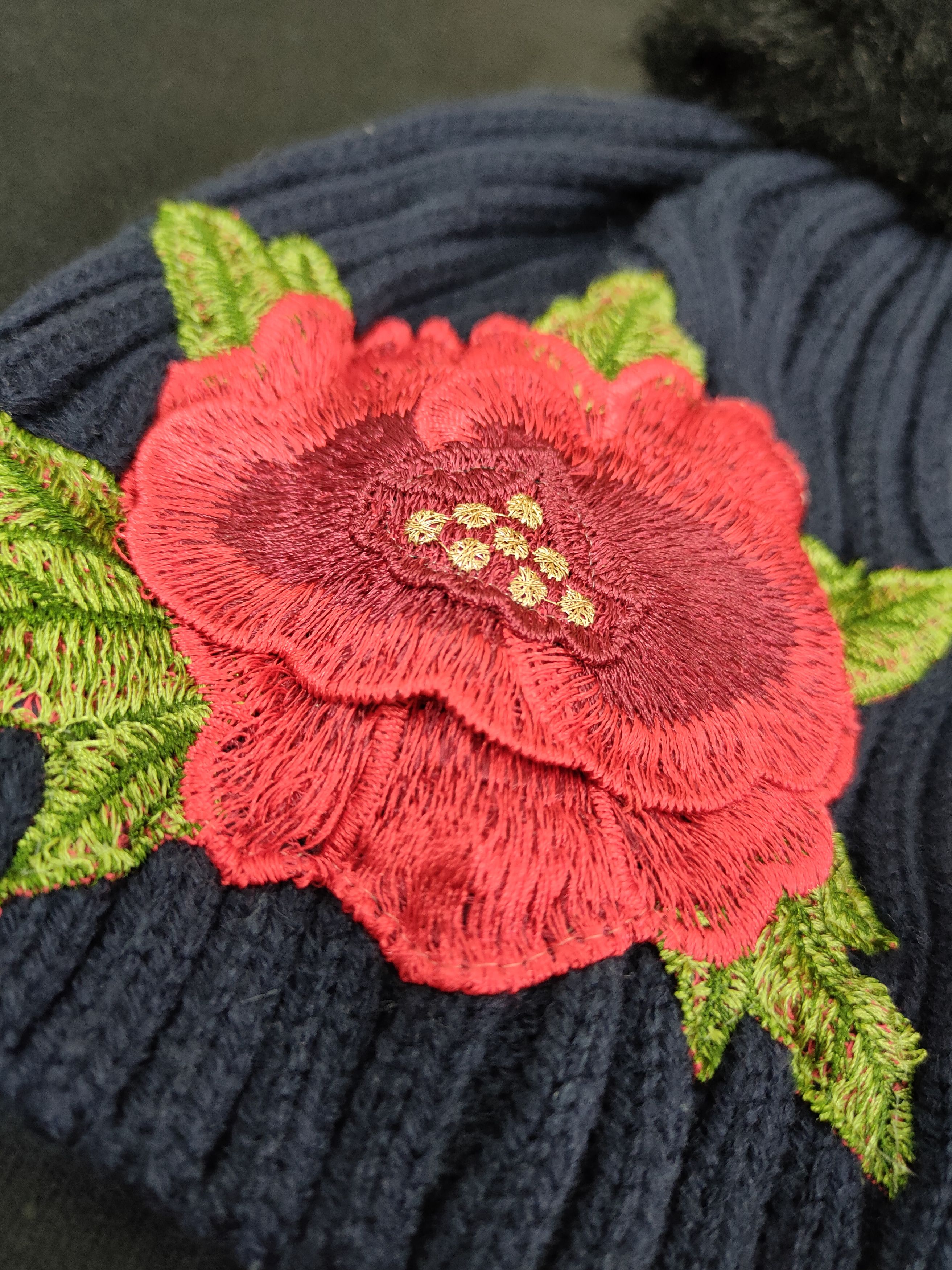 Laura Ashley art big flower embroidered beanie snowcap #002