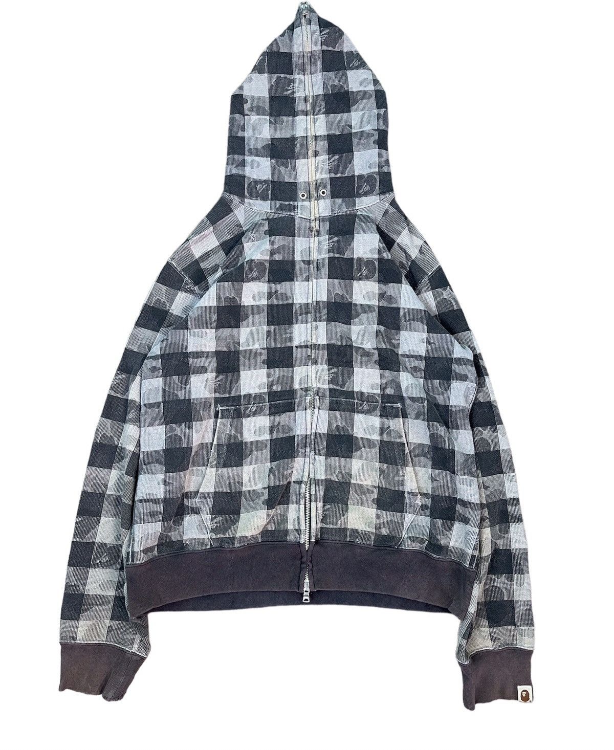 image of Bape Distressed Fullzip Plaid Hoodie in Grey, Men's (Size Large)
