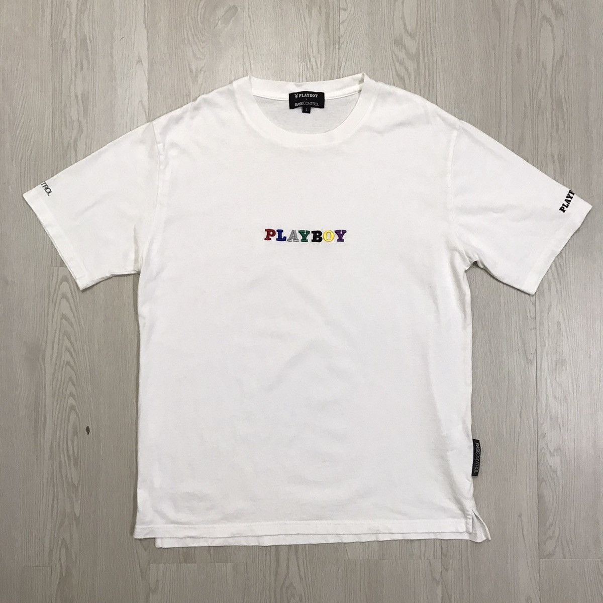 image of Base Control x Playboy Vintage Playboy Tee Embroidery Spell Out in White, Men's (Size Large)