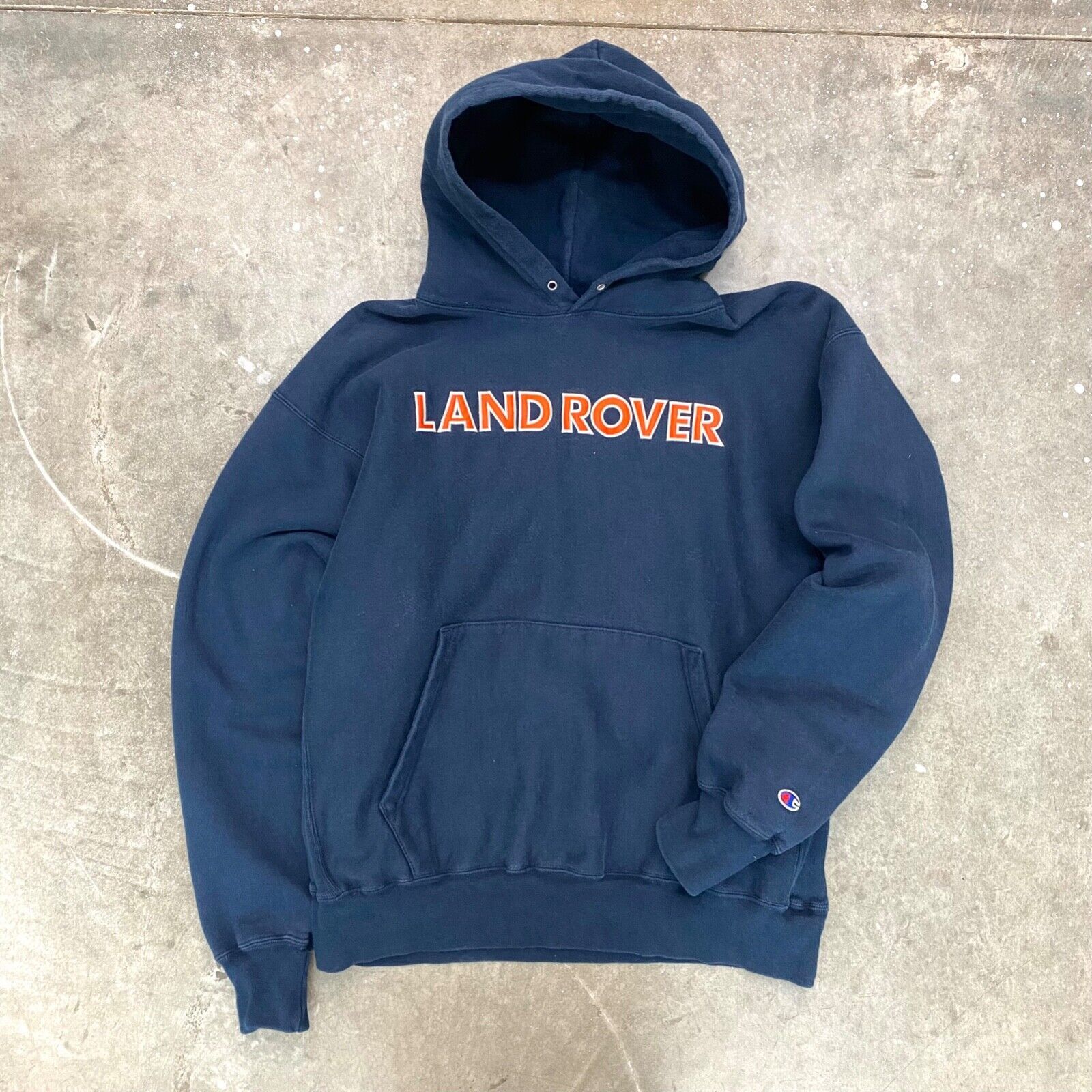 image of VTG Land Rover Champion Reverse Weave Hoodie Spellout in Navy, Men's (Size XL)