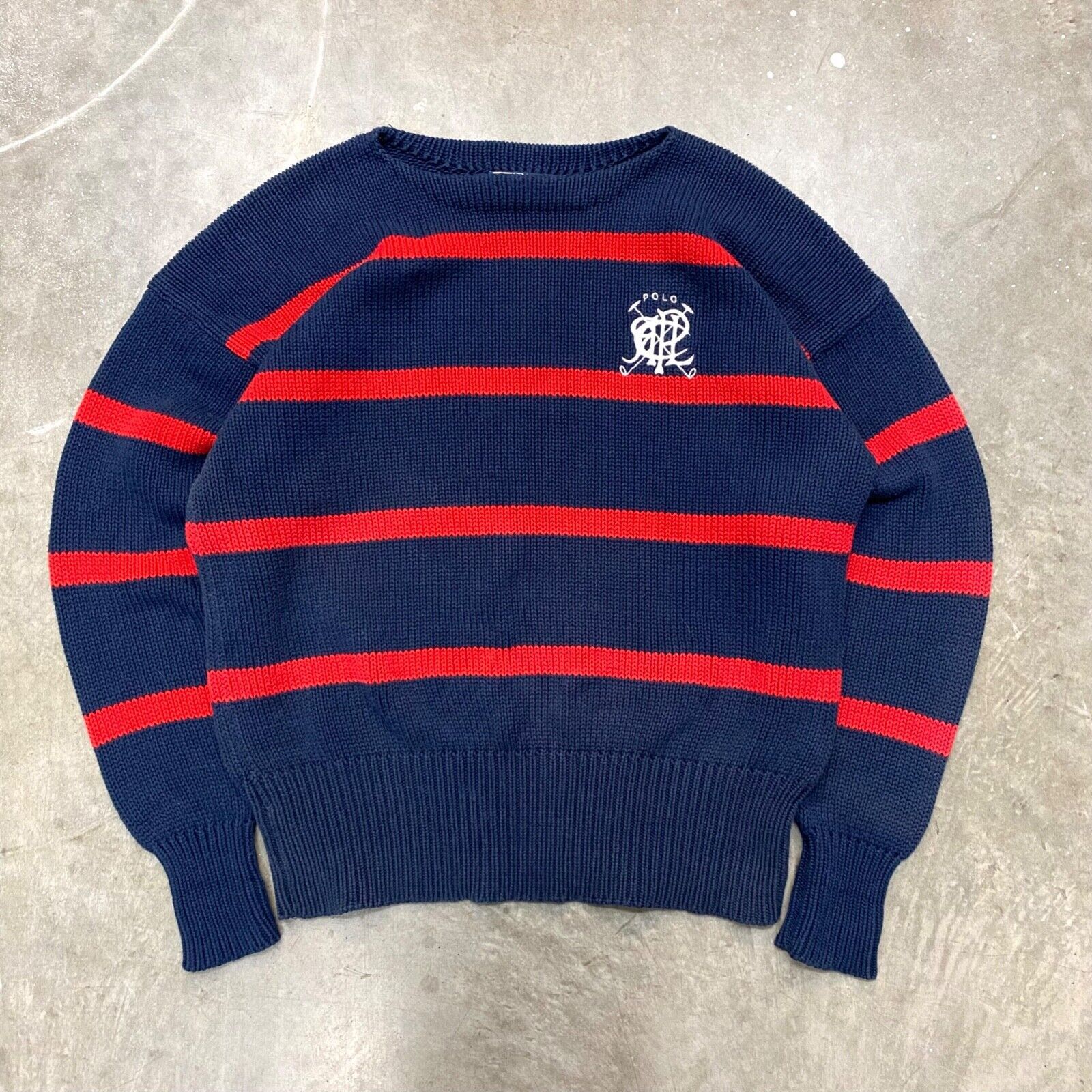 image of VTG 90's Polo Ralph Laurent Striped Crest Sweater OG in Navy, Men's (Size XL)