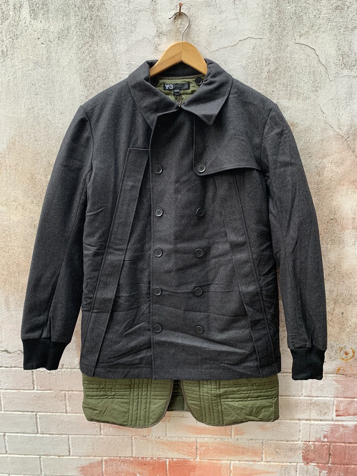 image of Avant Garde x Y 3 Y-3: Fw 2014 Wool Primaloft Insulated Flannel Coat in Charcoal Melange (Size Medi