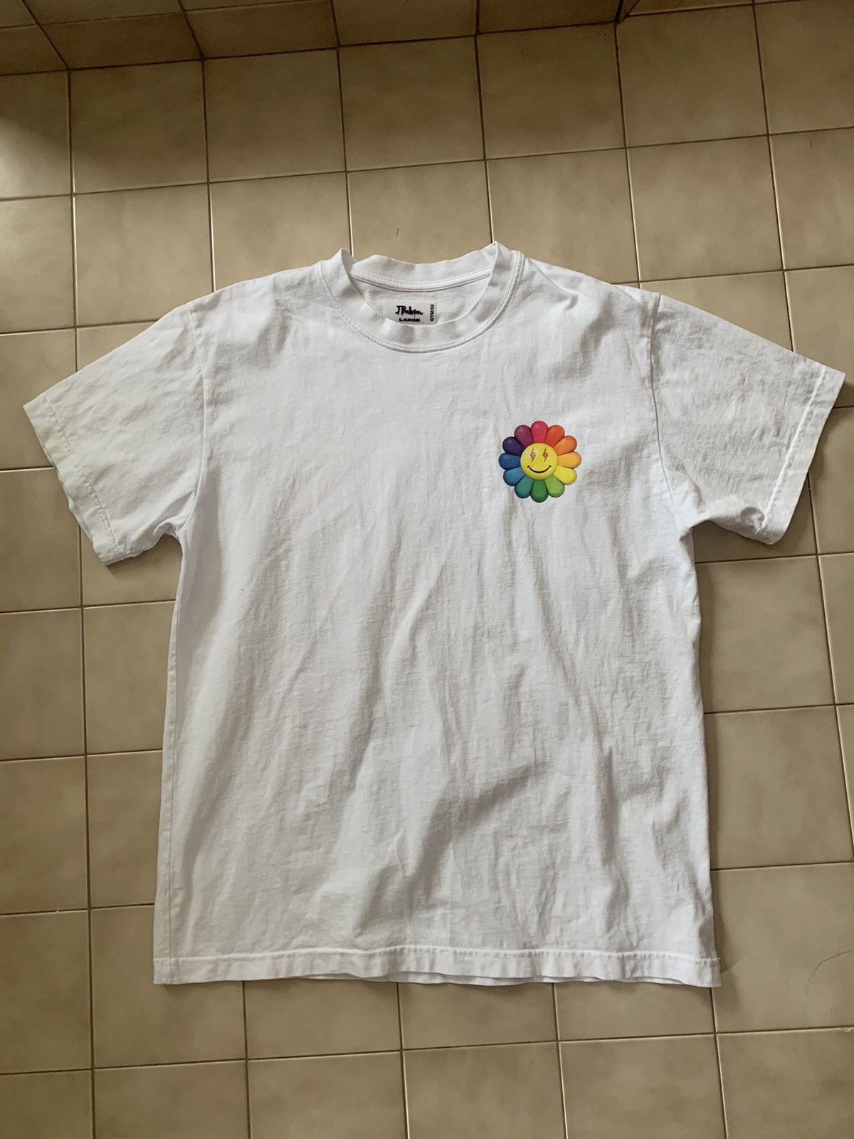 image of J Balvin Murakami Blanco Scripts Rainbow Flower T Shirt in White, Men's (Size Large)