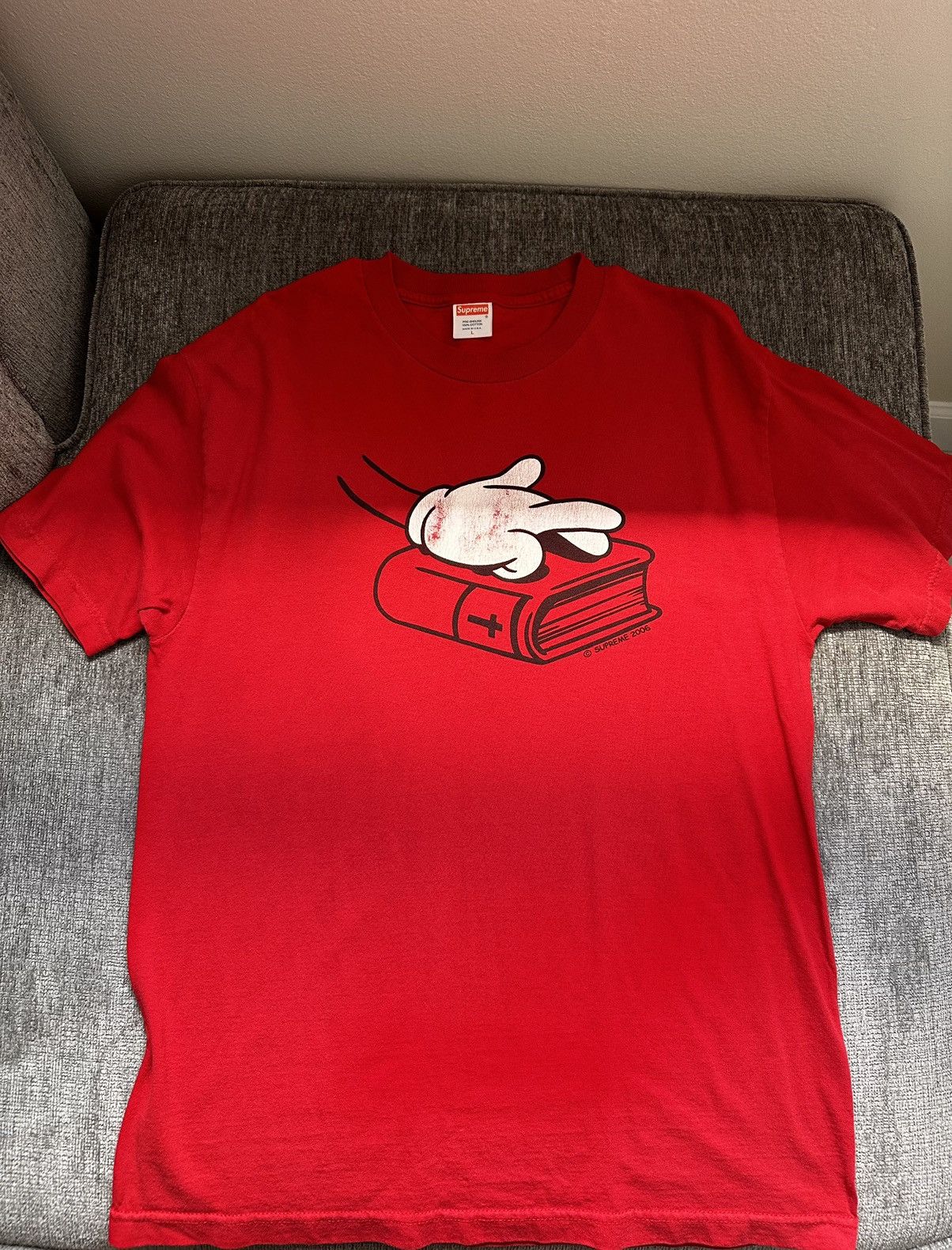 Supreme 2006 Supreme Mickey Mouse Hands on Bible T-Shirt Size L 