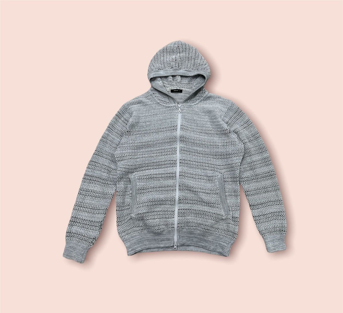 image of Aran Isles Knitwear x Comme Ca Ism Design Double Knitted Crochet Mesh Layer Hooded Jacket in Grey/B