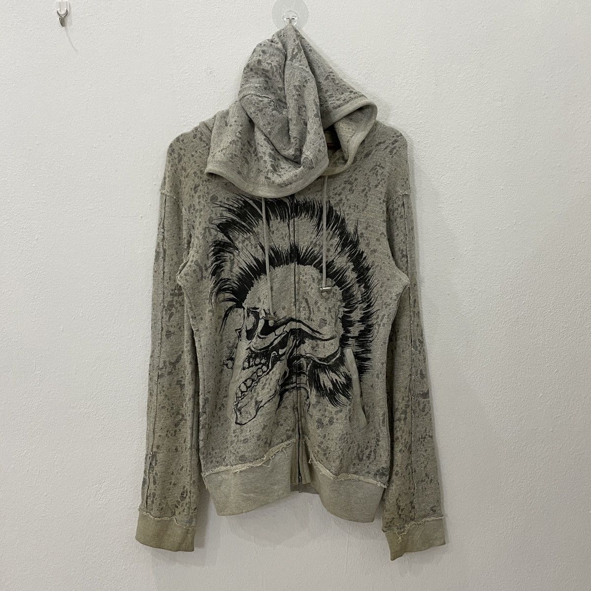 image of Vintage Glad News Skulls Mohawk Hoodies Zipper Ups Sweater in Grey, Men's (Size Small)