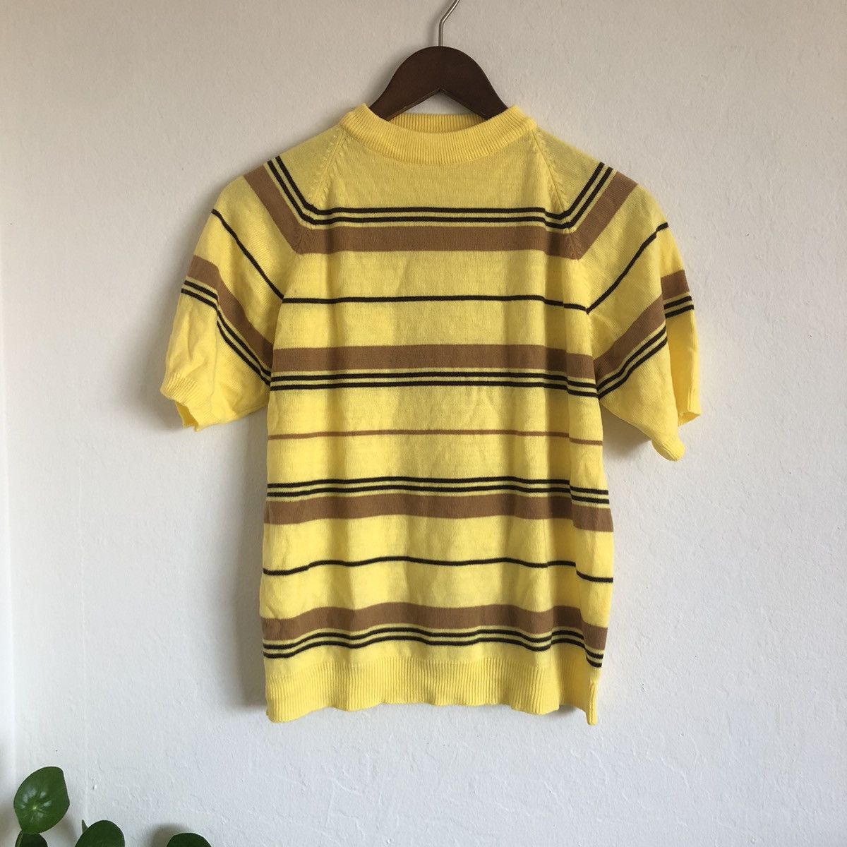 image of J C Penney x Towncraft Vintage Striped Sweater Short Sleeve Knit Shirt Yellow Brown in Mustard Yell