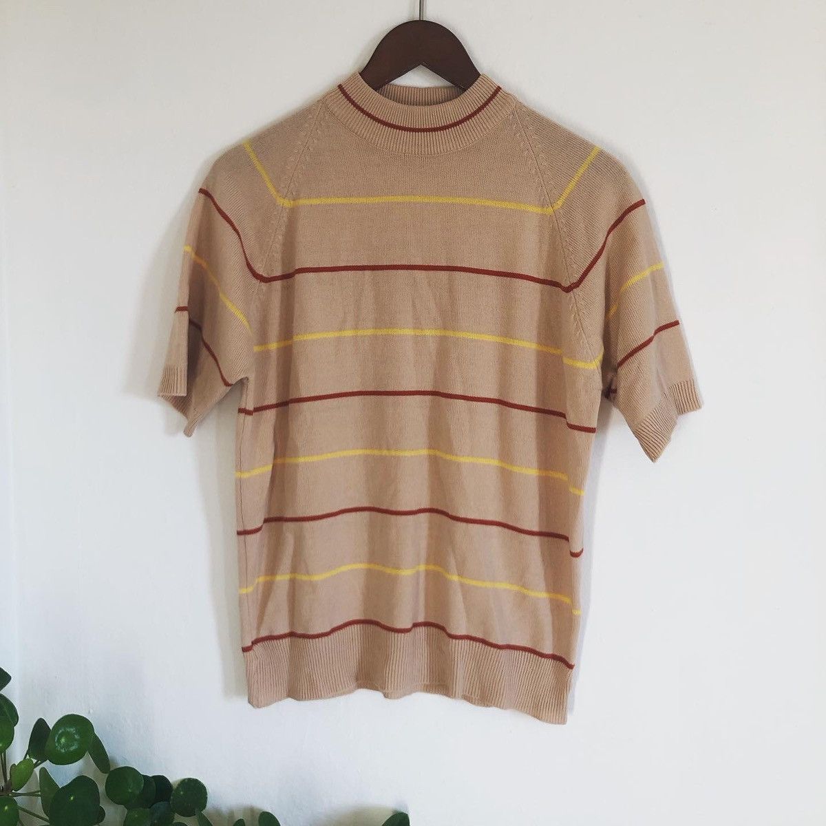 image of Vintage Striped Mock Neck Sweater Short Sleeve Knit Shirt in Brown, Men's (Size Medium)