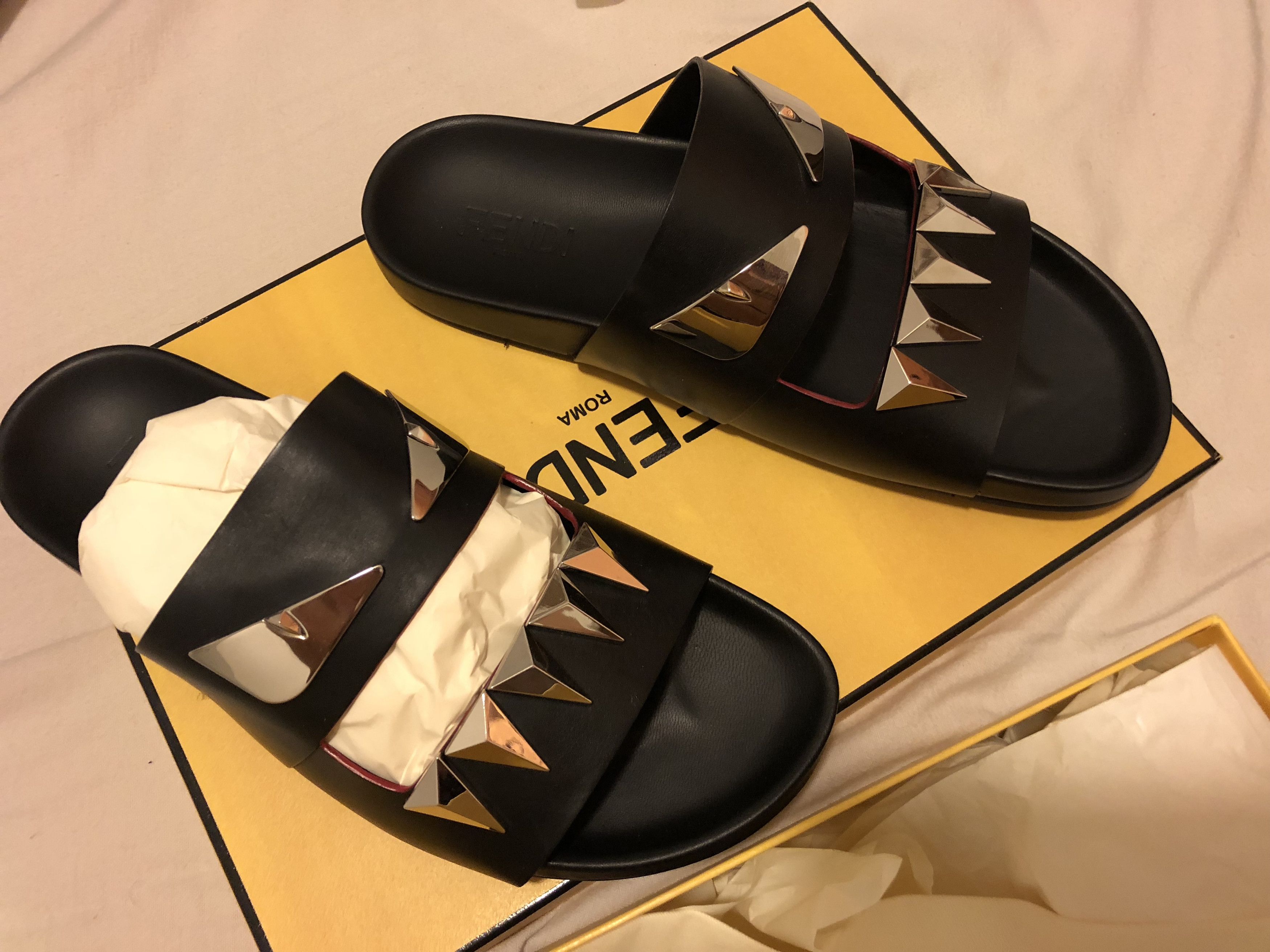 Fendi Fendi Monster Metal Double-Strap Slide, Black Size US 9 / EU 42 - 3 Thumbnail