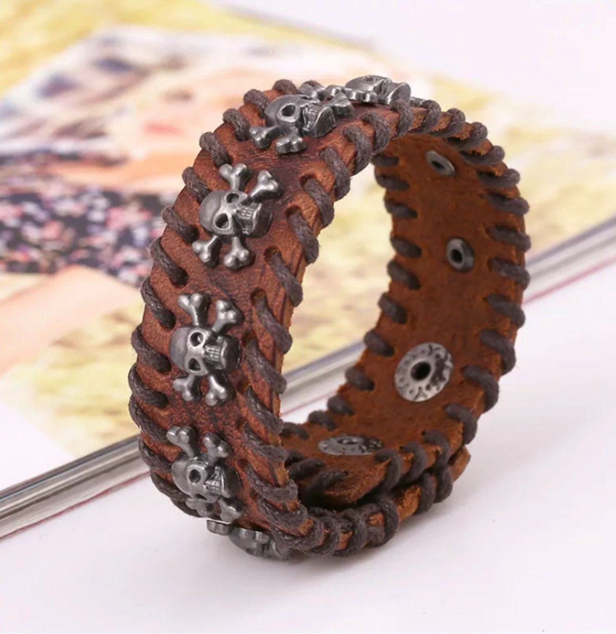 Jewelry Rock Spikes Gothic Skeleton Skull Wide Cuff Leather Bracelet Size ONE SIZE - 1 Thumbnail