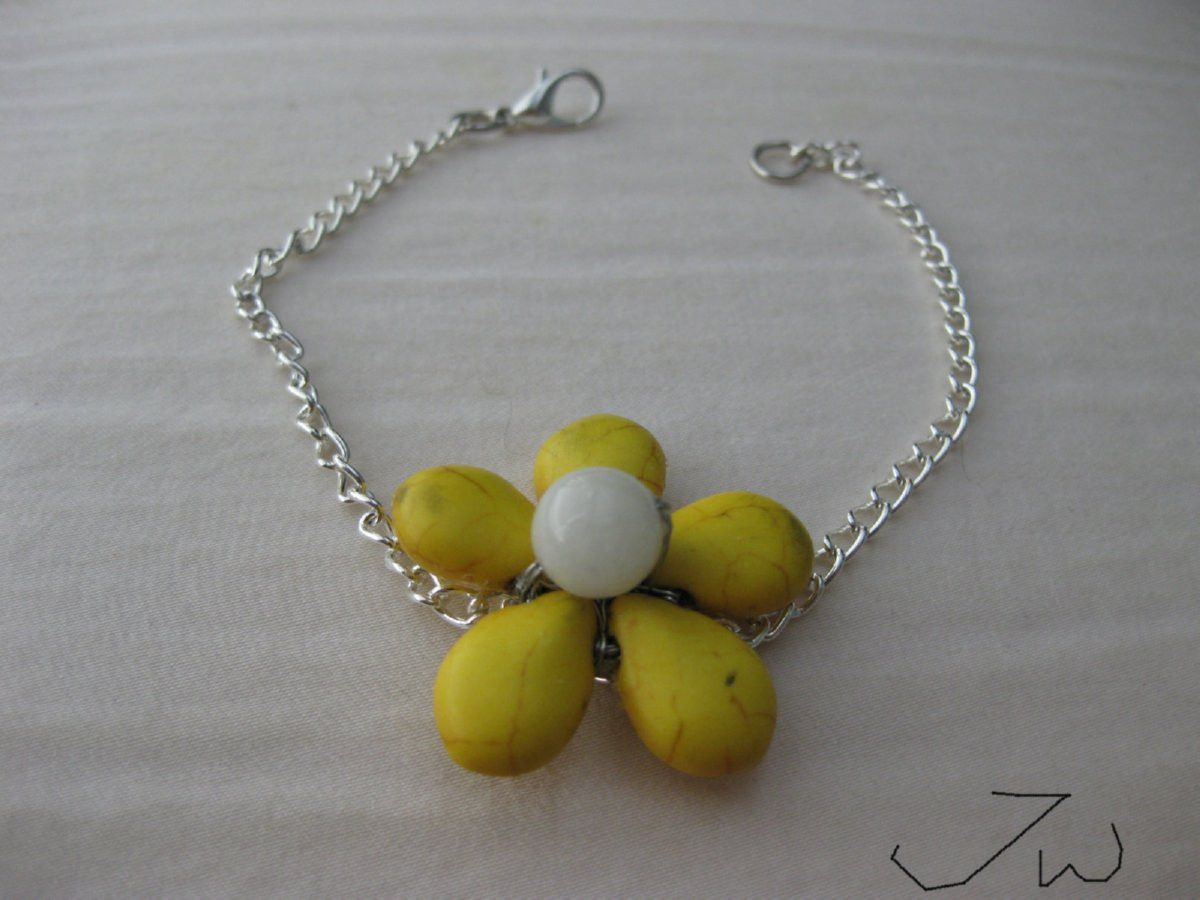 Handmade Yellow Turquoise Flower Bracelet with White Bead Size ONE SIZE - 2 Thumbnail