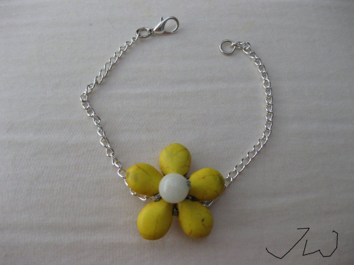 Handmade Yellow Turquoise Flower Bracelet with White Bead Size ONE SIZE - 1 Thumbnail