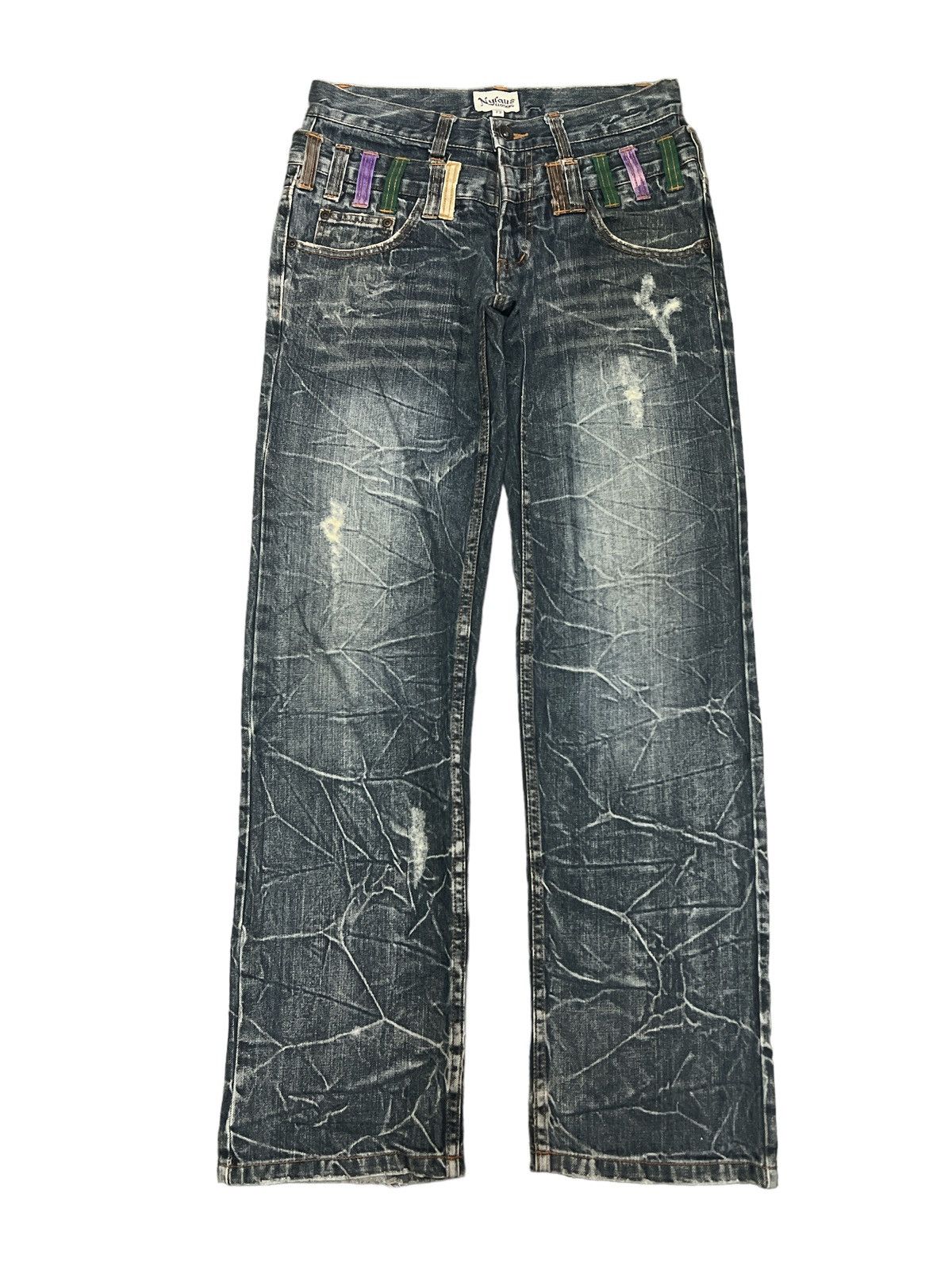 Japanese Brand THRASHED DOUBLE WAIST NYLAUS DISTRESSED DENIM PANTS Size US 30 / EU 46 - 1 Thumbnail