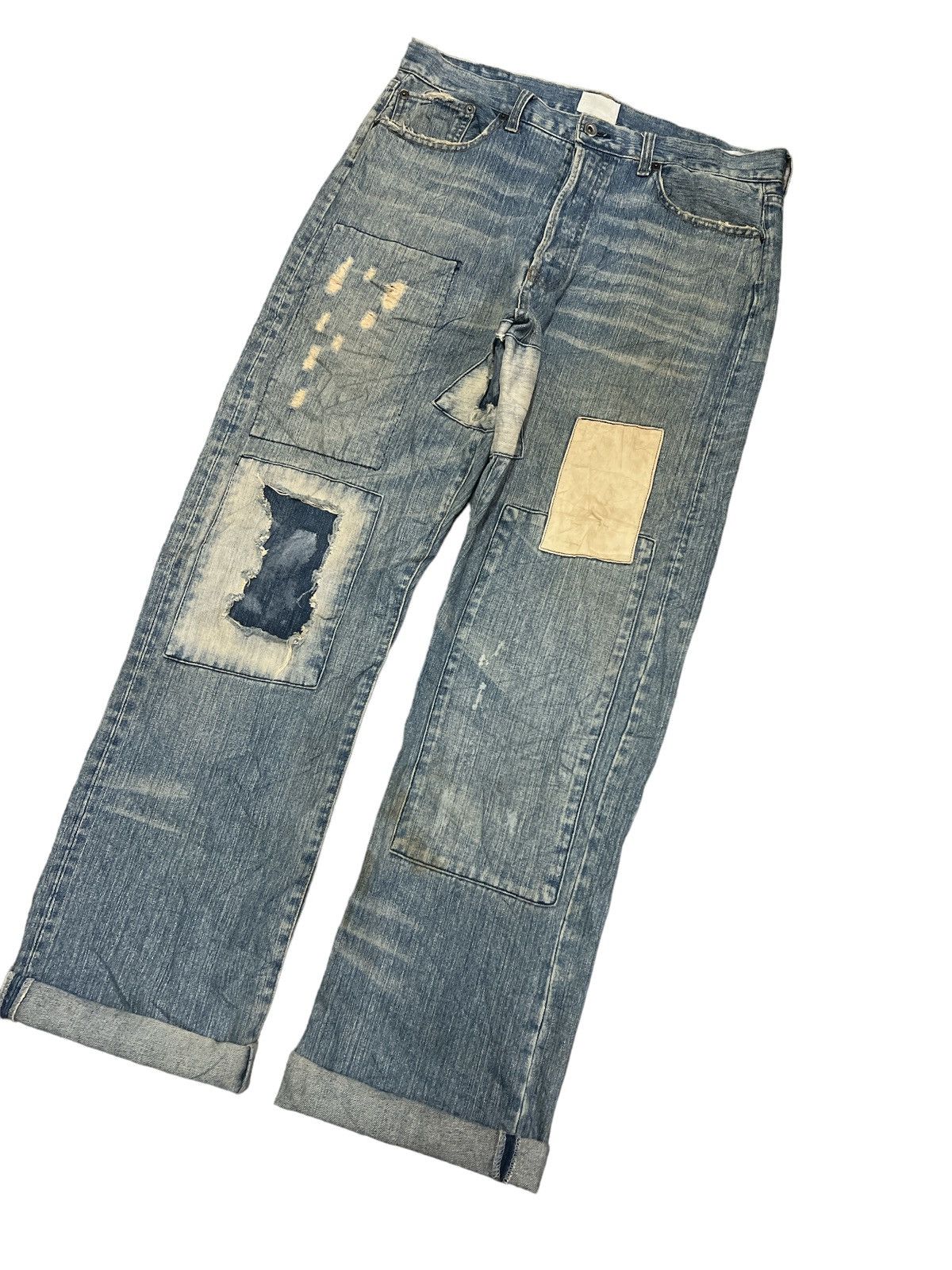Japanese Brand THRASHED‼️VINTAGE RIPPED PATCH WORK DENIM PANTS Size US 33 - 4 Thumbnail