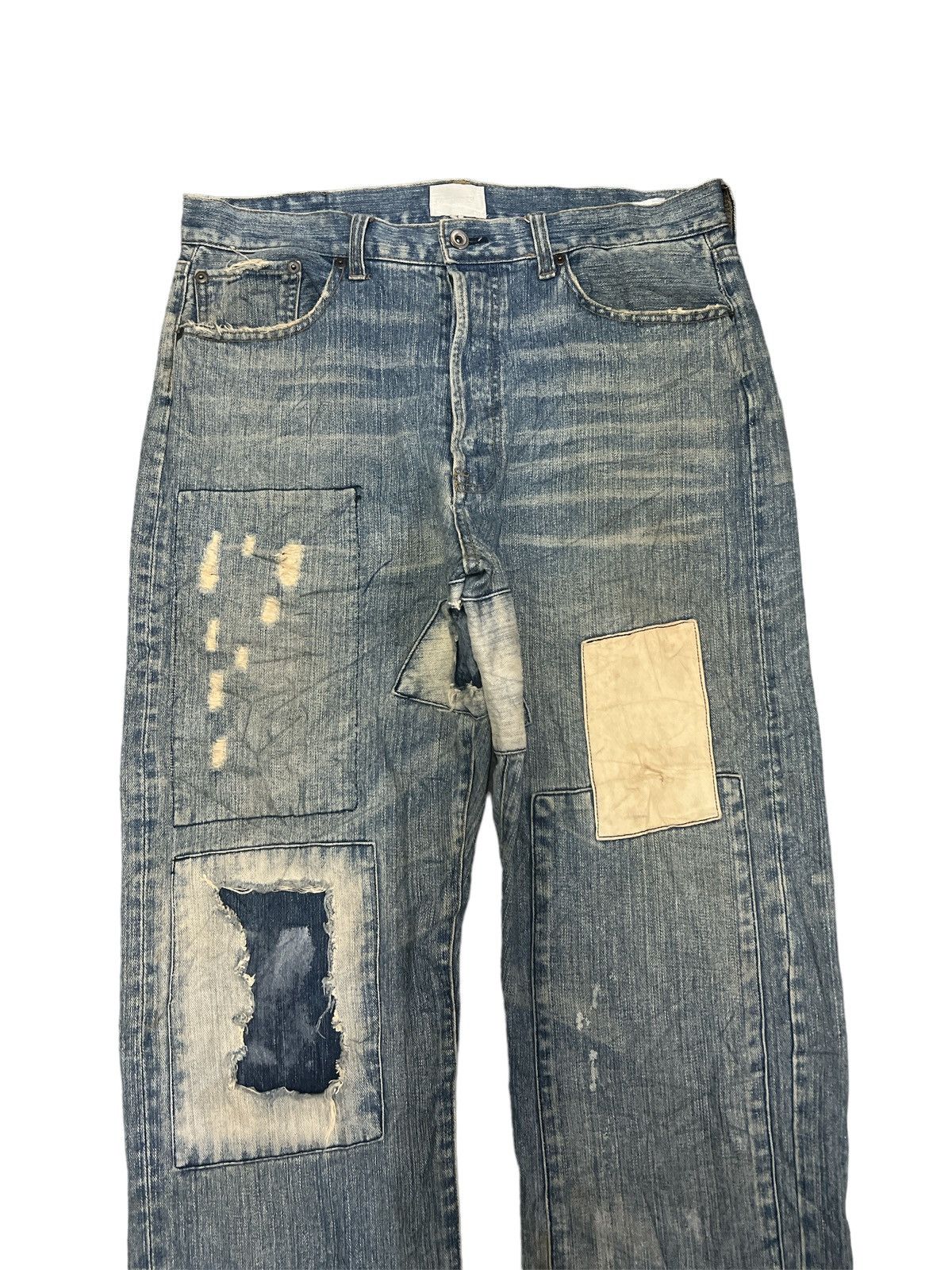 Japanese Brand THRASHED‼️VINTAGE RIPPED PATCH WORK DENIM PANTS Size US 33 - 3 Thumbnail