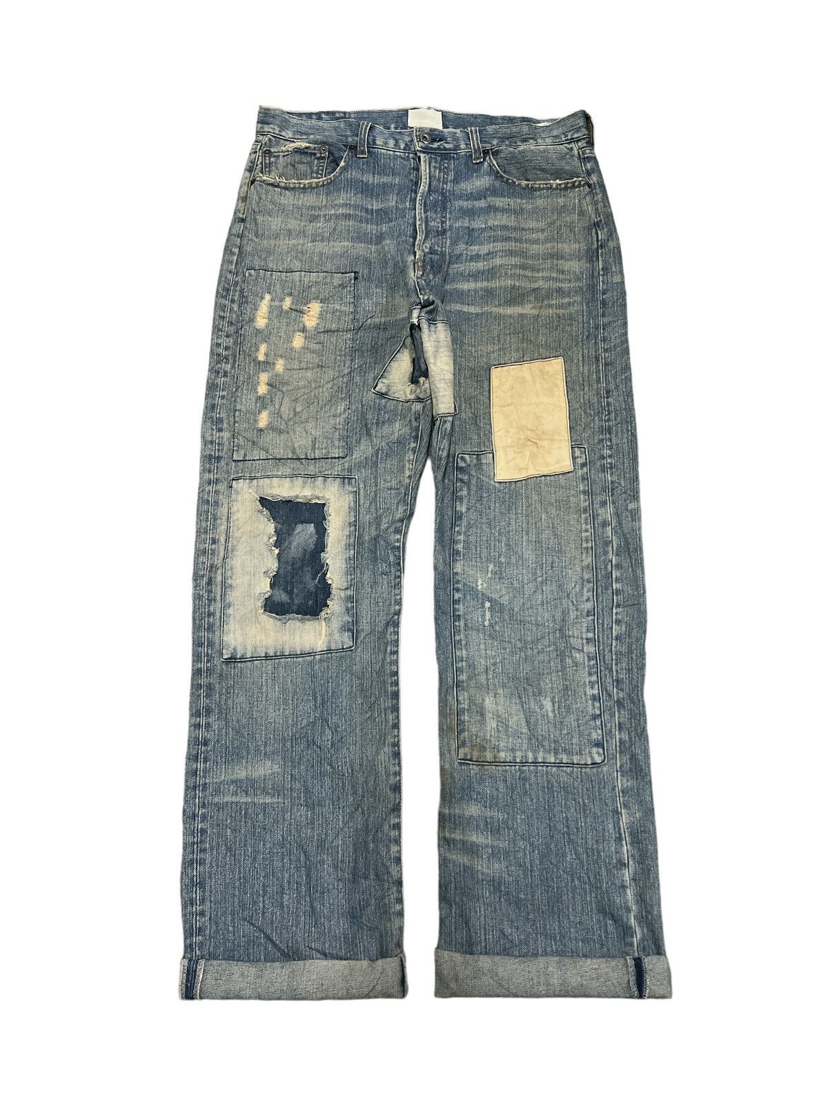 Japanese Brand THRASHED‼️VINTAGE RIPPED PATCH WORK DENIM PANTS Size US 33 - 1 Thumbnail