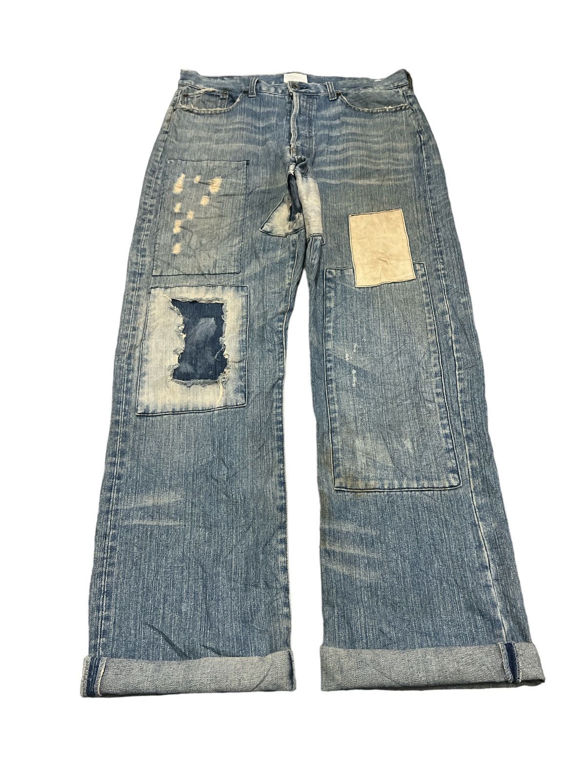 Japanese Brand THRASHED‼️VINTAGE RIPPED PATCH WORK DENIM PANTS Size US 33 - 2 Thumbnail