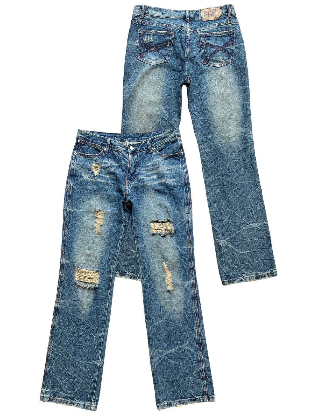 image of Beauty Beast x Distressed Denim Vintage Japanese Distressed Ripped Jeans 33X31 in Yellow/Blue/Rust