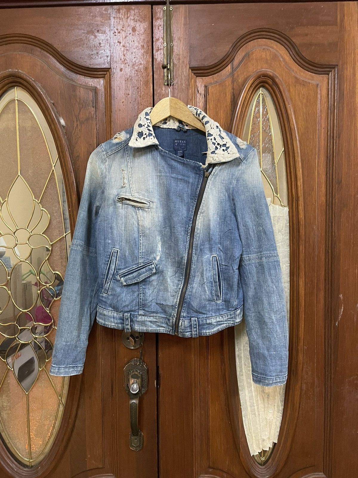 image of Biker Denim x Distressed Denim Guess Denim Jacket Distressed, Women's (Size XS)