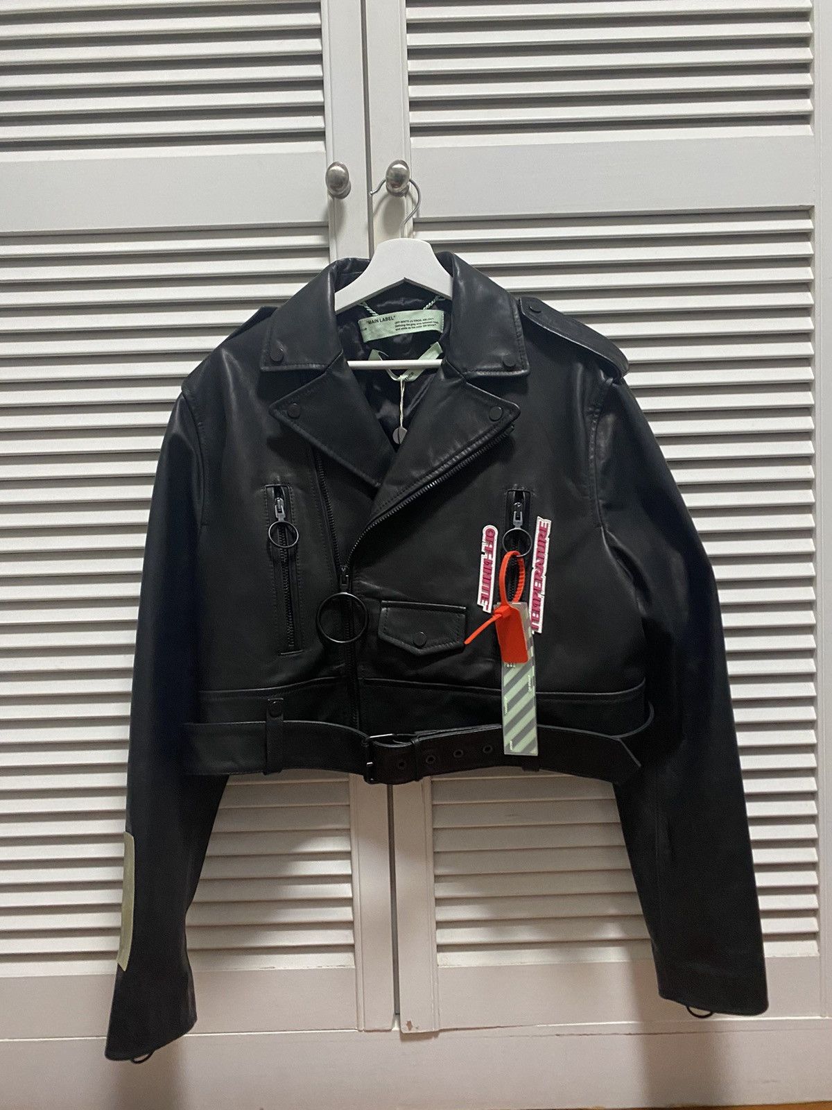 image of Off White Crop Leather Biker Jacket in Black, Men's (Size Medium)