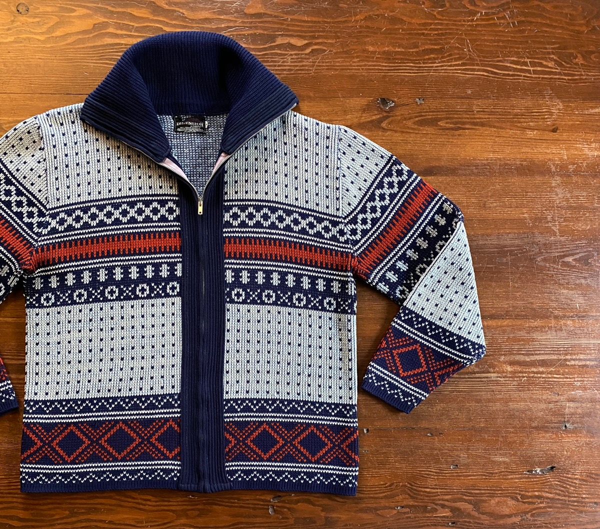 Pre-owned Cardigan X Vintage 70's Dimension Full Zip Knit Cardigan Sweater In Navy/orange/white
