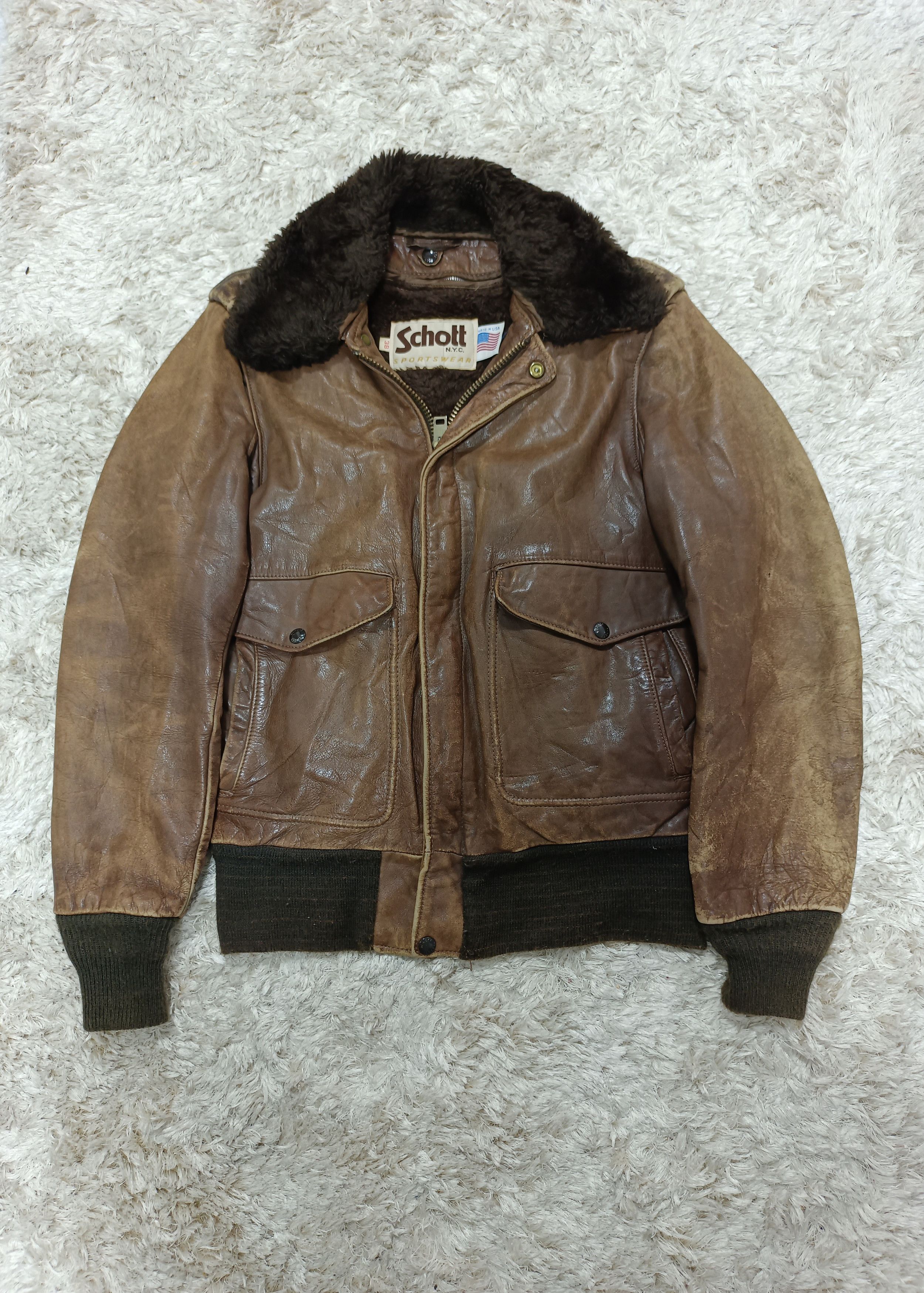 image of 1980's Schott Nyc A-2 Flight Leather Jacket in Dark Brown, Men's (Size Small)