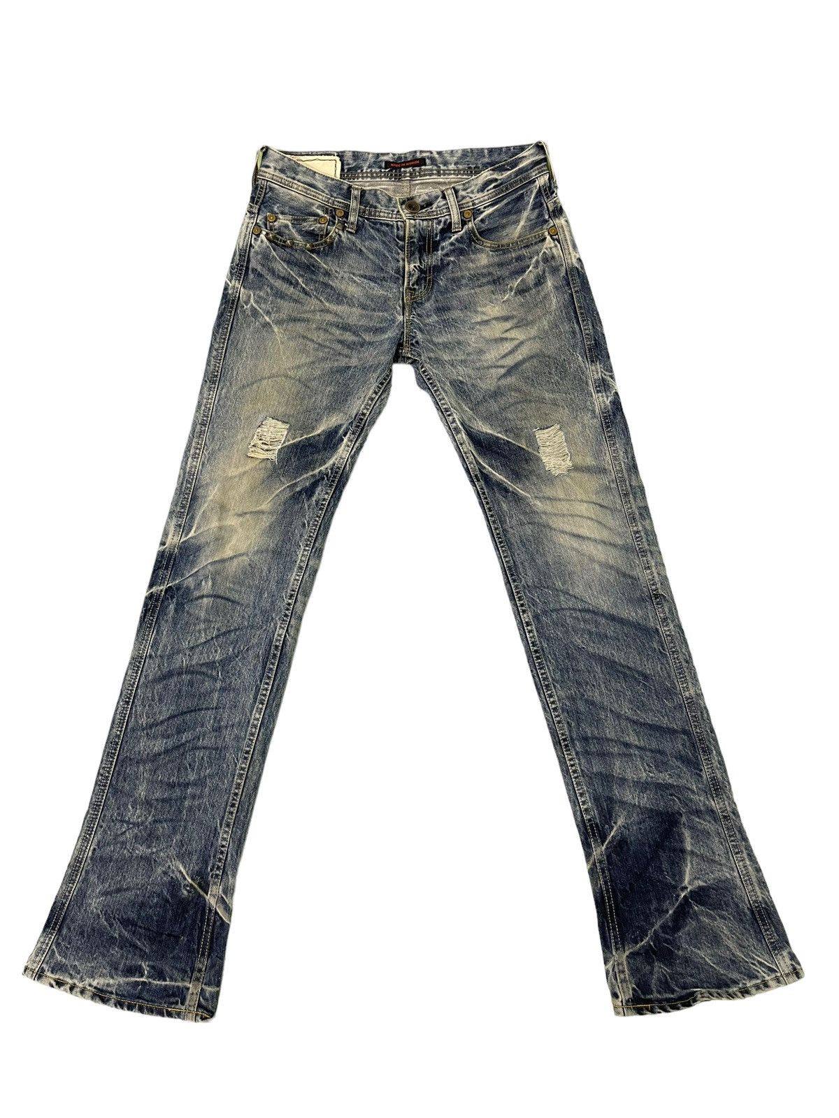 Japanese Brand Flare Jeans Blue Way Distress Denim Acid Wash Boot Cut 1🟦2 Size US 31 - 2 Thumbnail