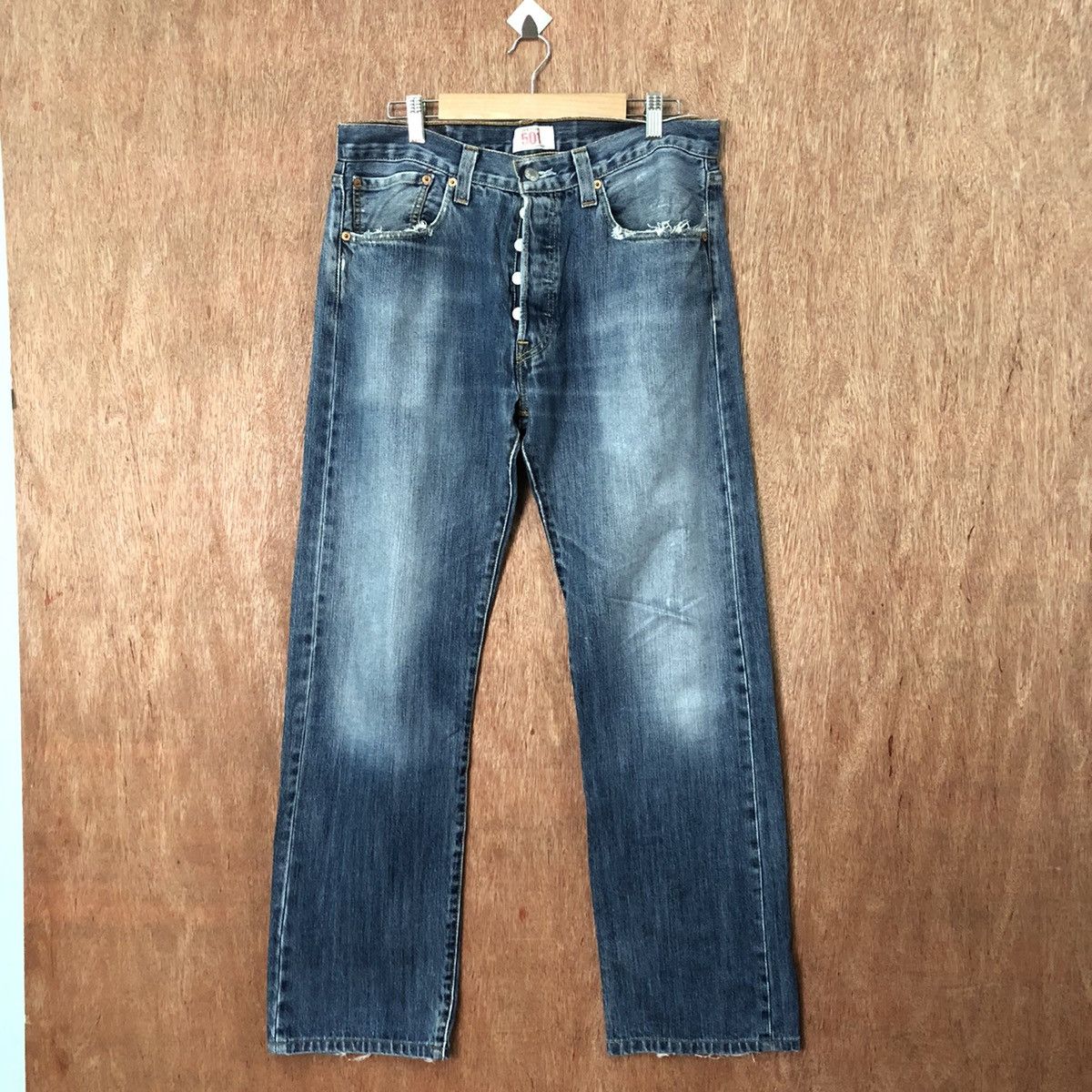 image of 501 Blue Distressed Denim Jeans Pants 6379, Men's (Size 32)