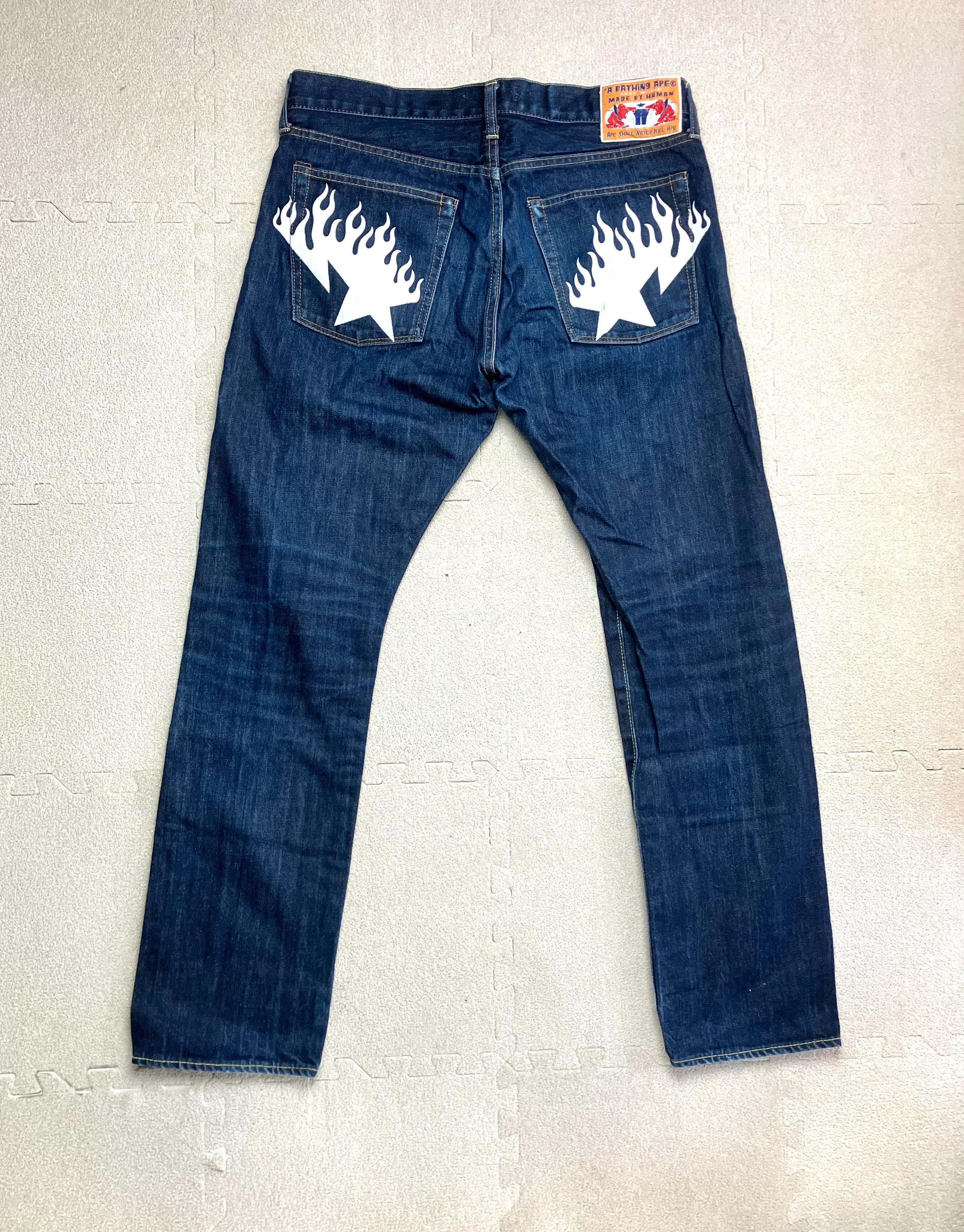 image of Bape Bapesta Fire White Print Indigo Denim Size M Japan, Men's