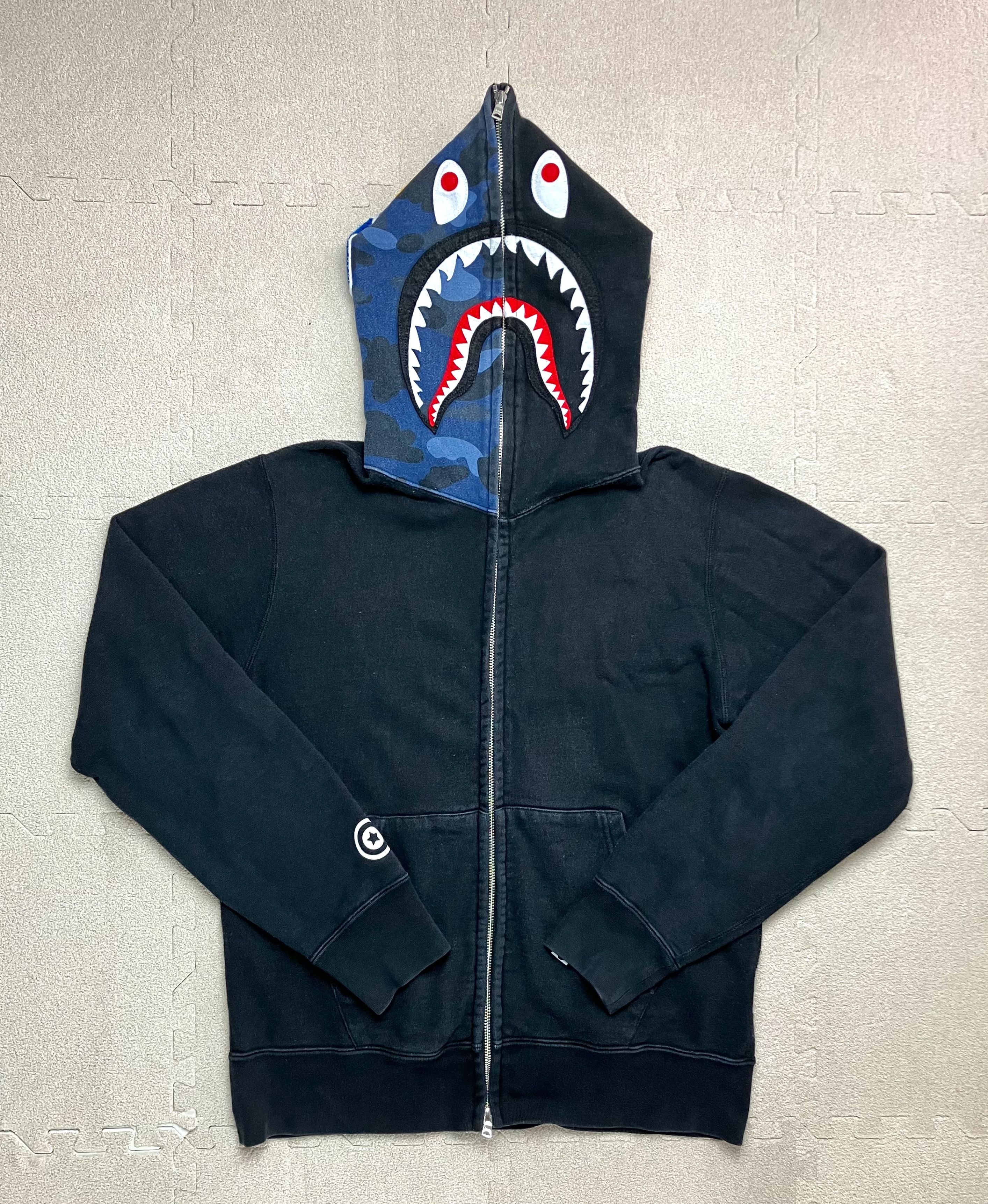 image of Bape Black Blue Camo Half Shark Full Zip Hoodie VTG Japan, Men's (Size Medium)